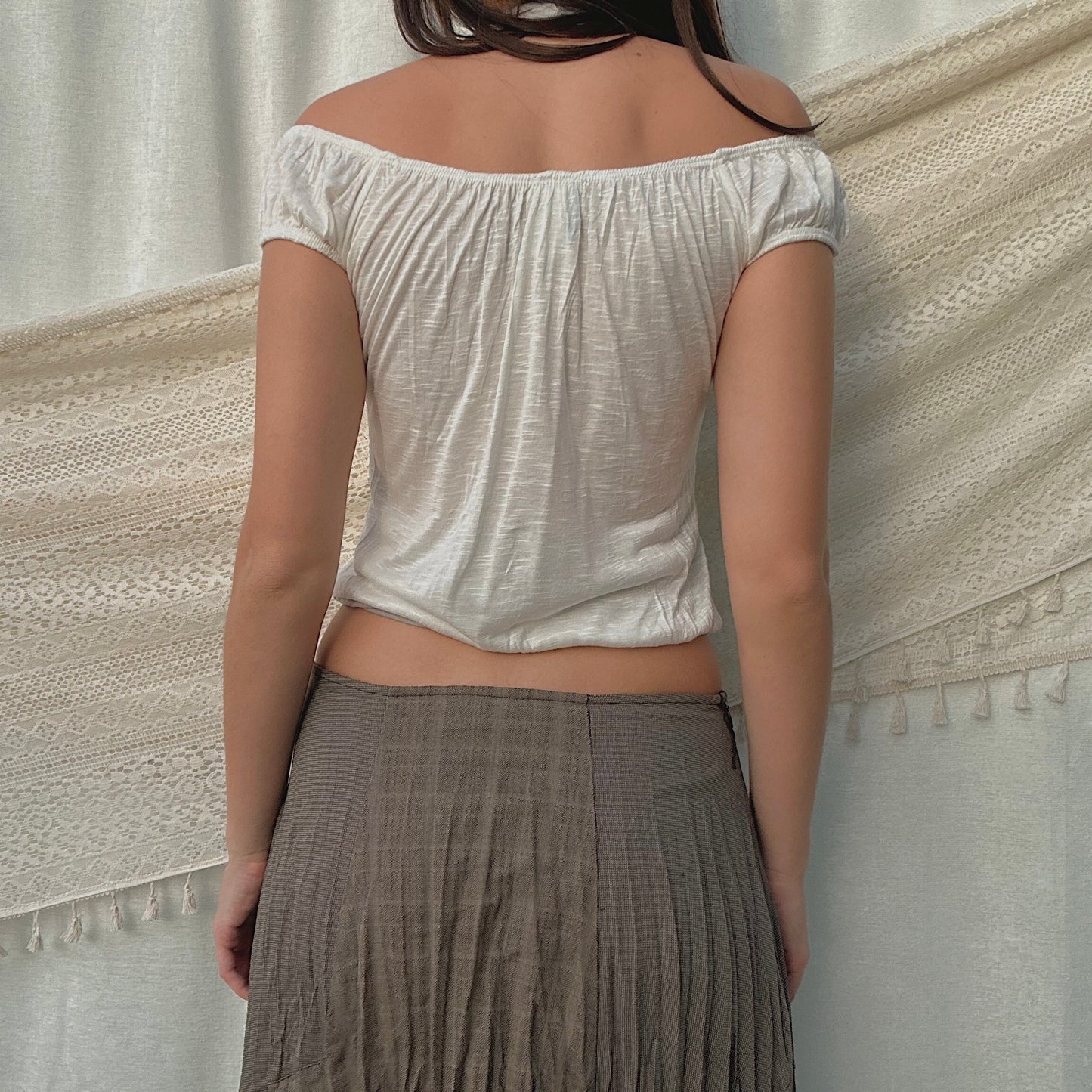Y2K Ivory & Grey Layered Scrunch Top / SZ S