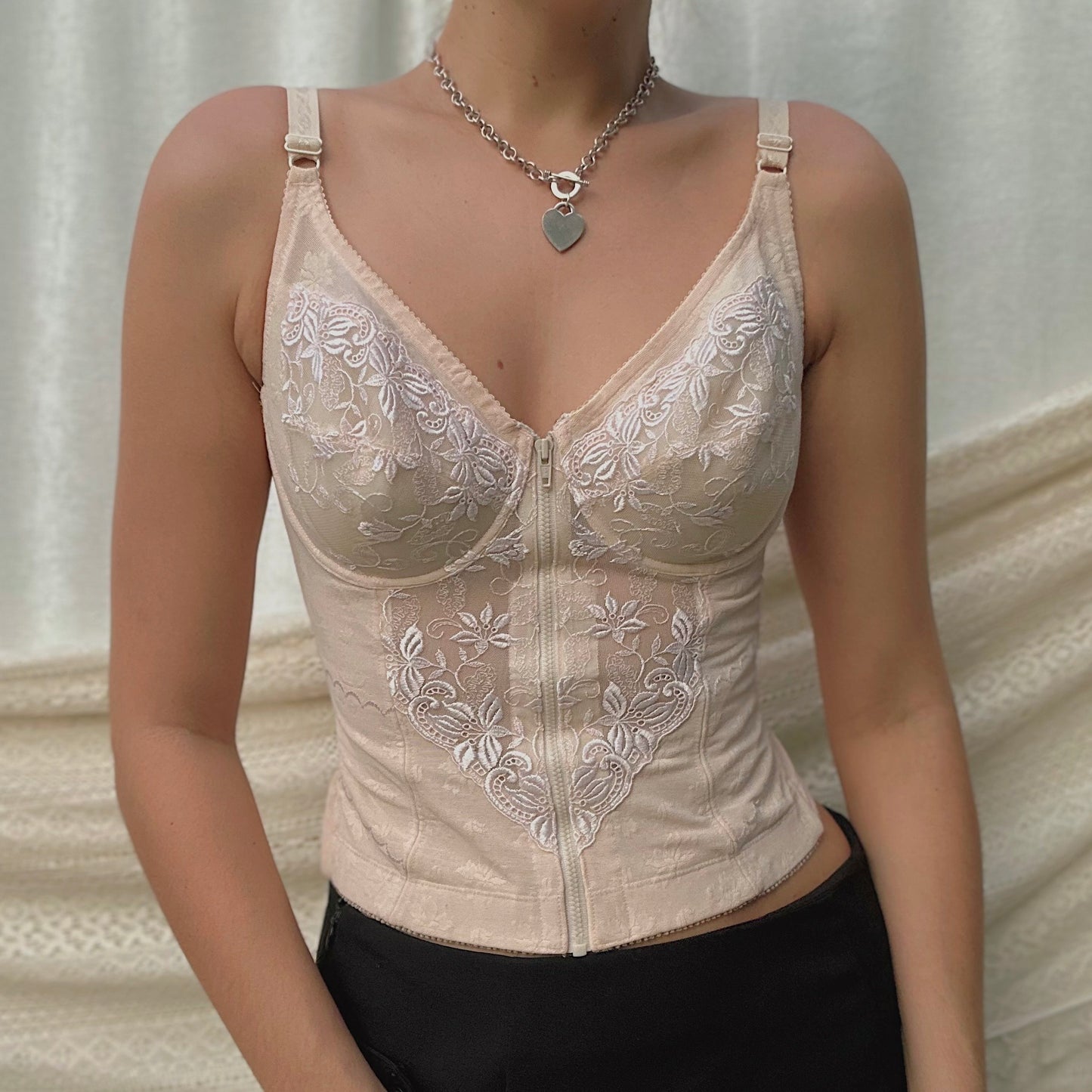 90's Blush Embroidered Zip Bustier / SZ 34C