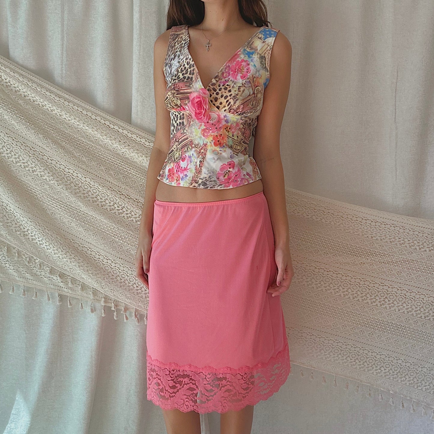 80's Hot Pink Midi Slip Skirt / SZ XS-M