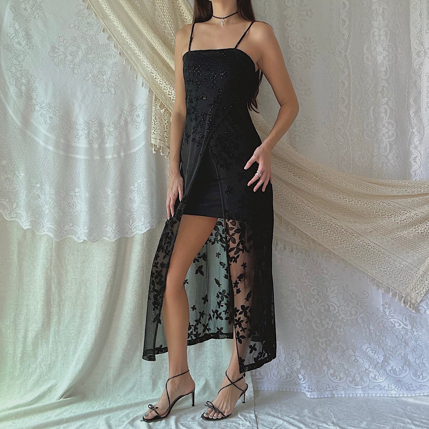 Y2K Black Floral Sparkle Open Dress / SZ M