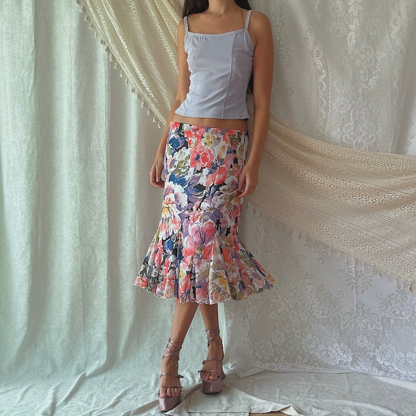 Y2K Purple & Pink Floral Midi Skirt / SZ M