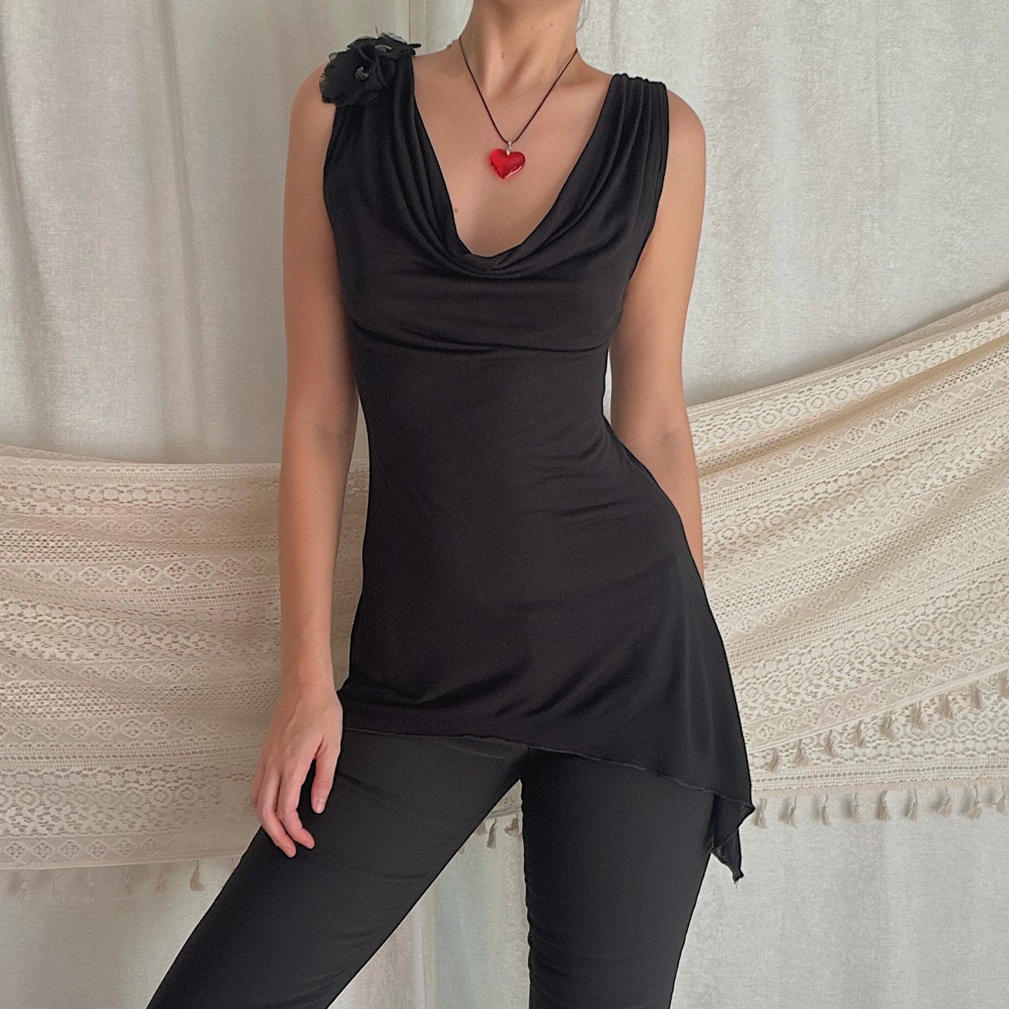 Y2K Black Rayon Flower Lace Tunic / SZ S