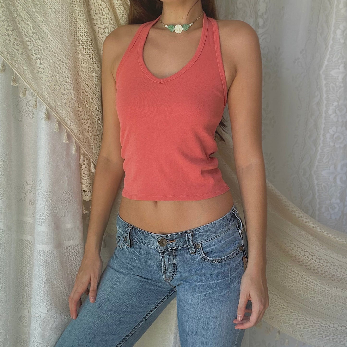 Y2K Coral Cotton Halter Top / SZ S