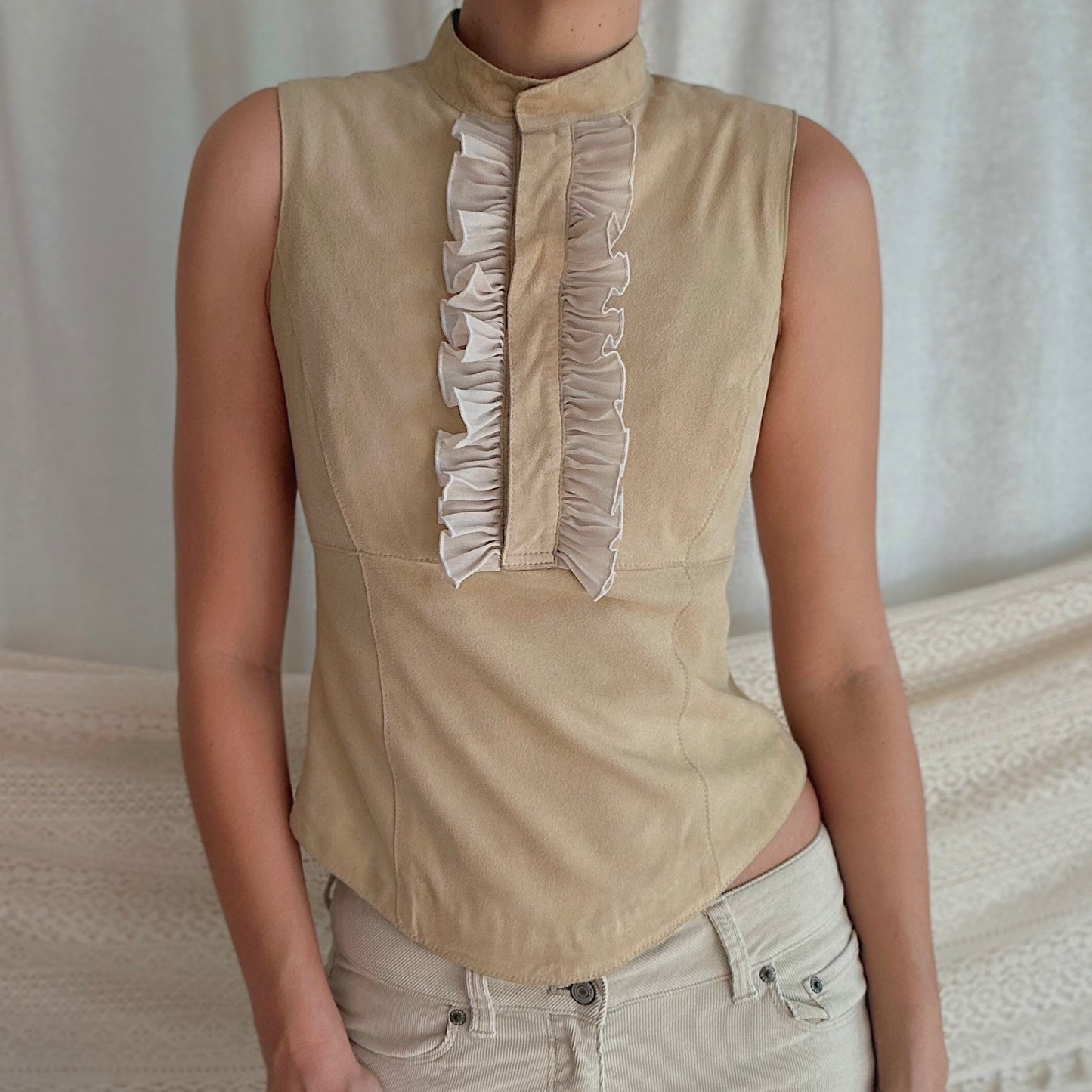 90's Beige Suede Ruffle Blouse / SZ S/M