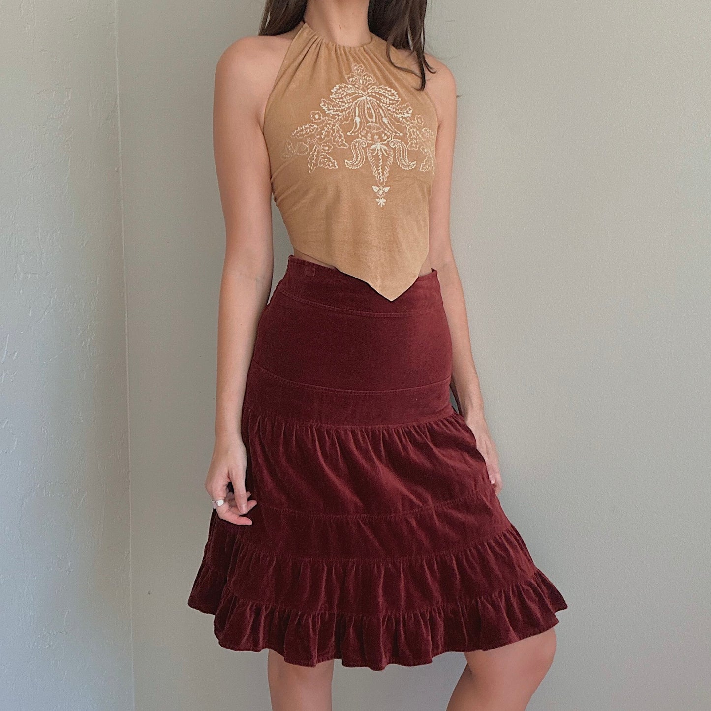 Y2K Rust Corduroy Tiered Midi Skirt / SZ 0
