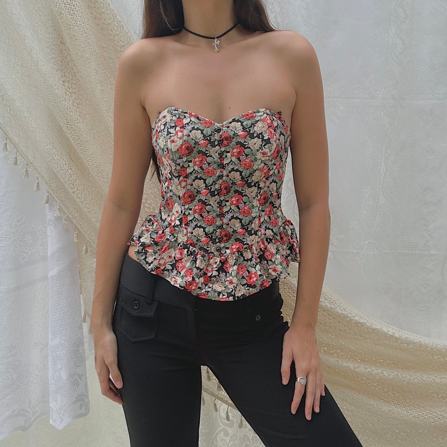 Y2K Black & Red Floral Peplum Bustier / SZ S