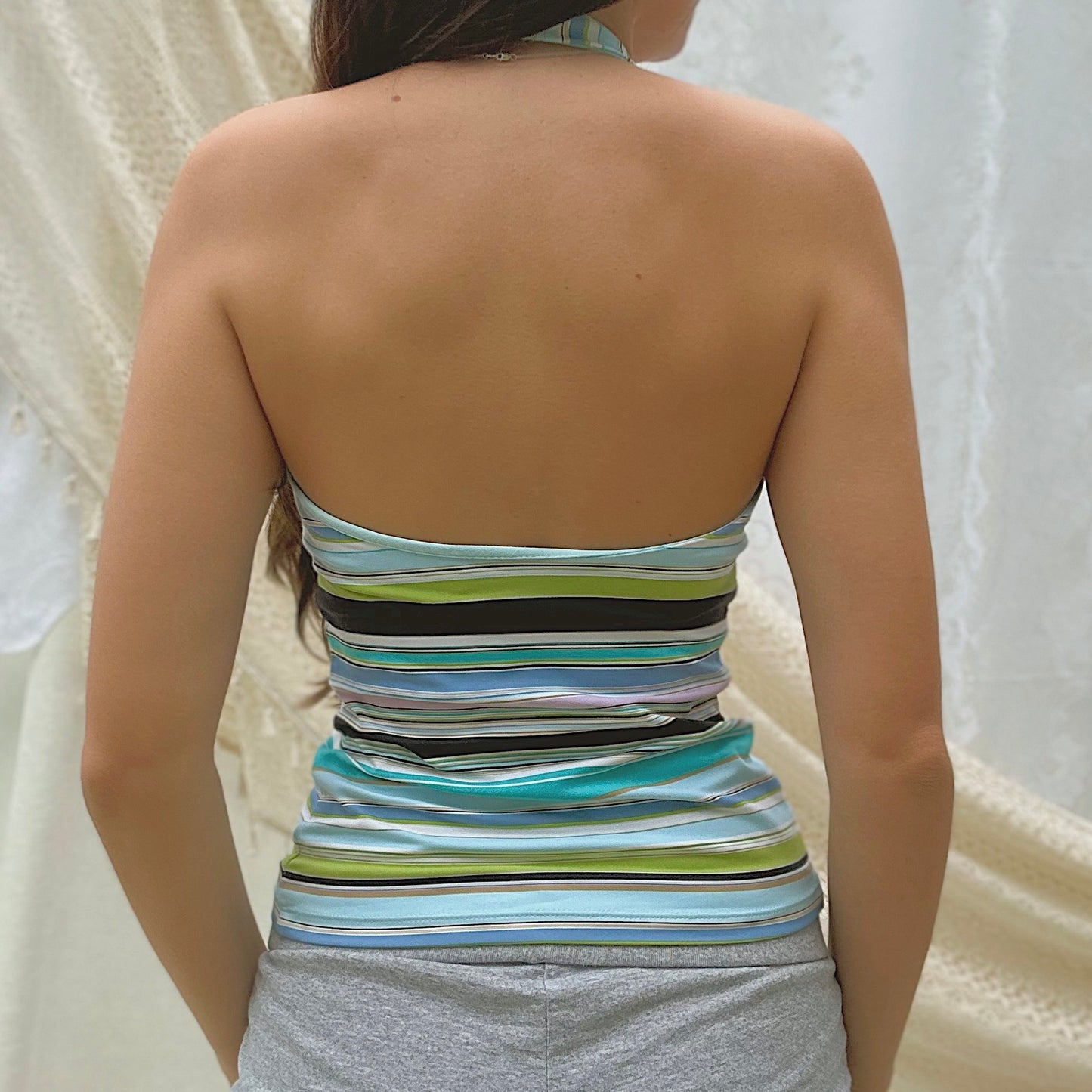 Y2K Aqua Striped Halter Top / SZ S