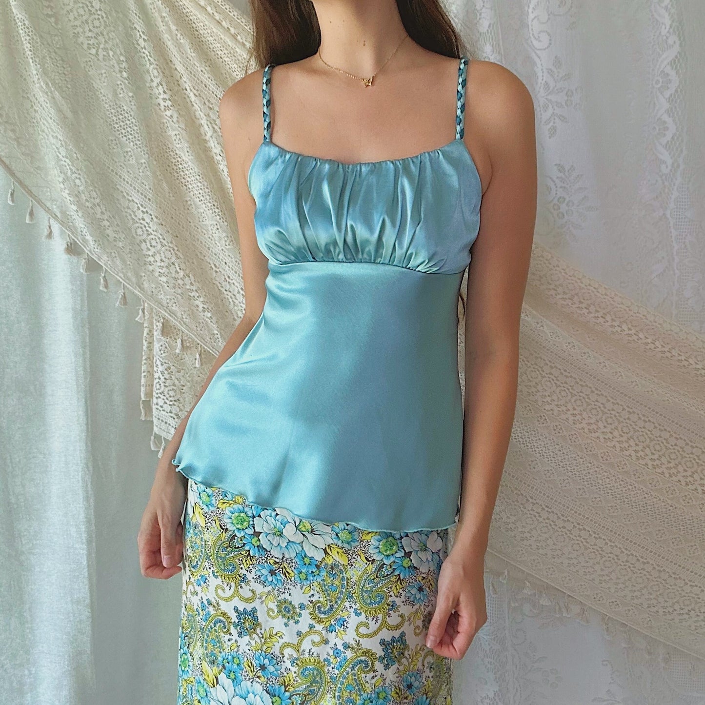 Y2K Turquoise Satin Braided Tank / SZ M
