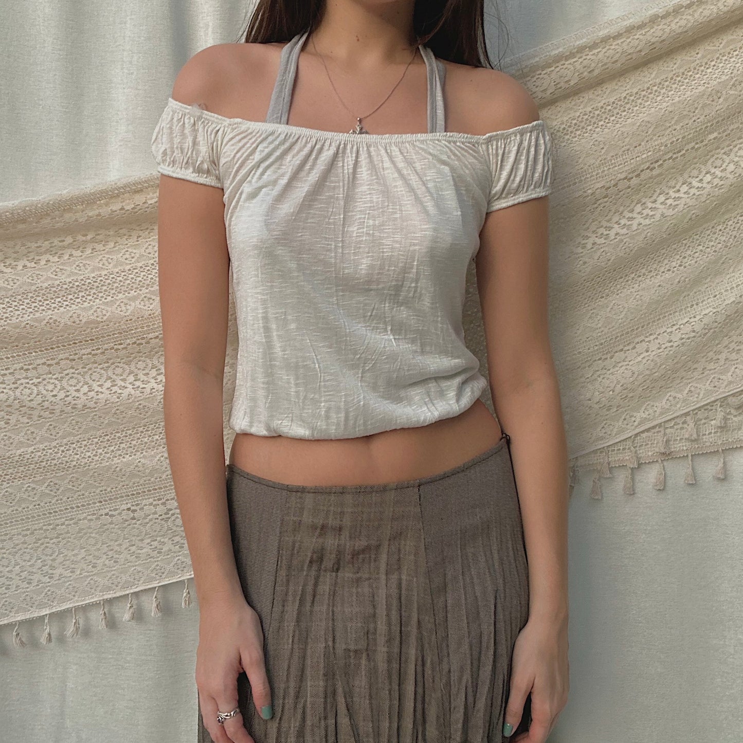 Y2K Ivory & Grey Layered Scrunch Top / SZ S