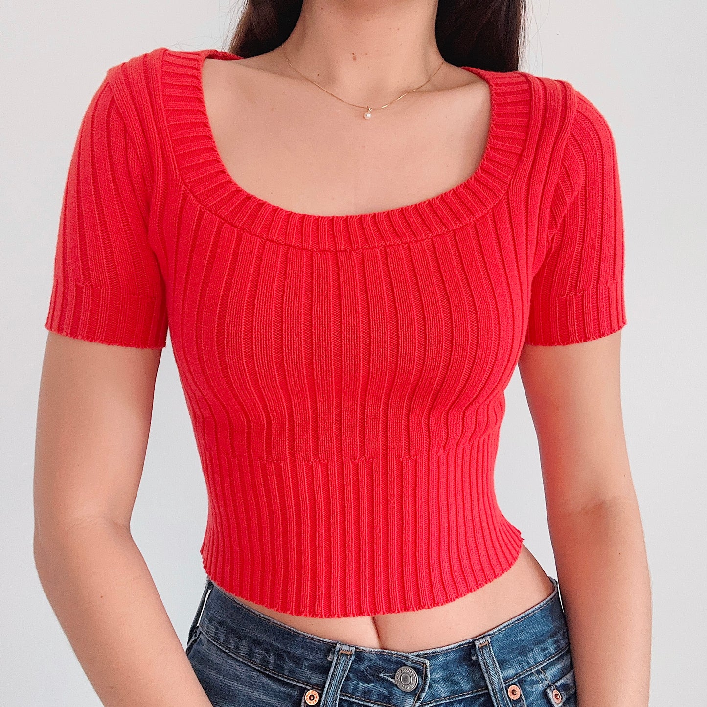 Y2K Tomato Red Knit Crop Top / SZ S