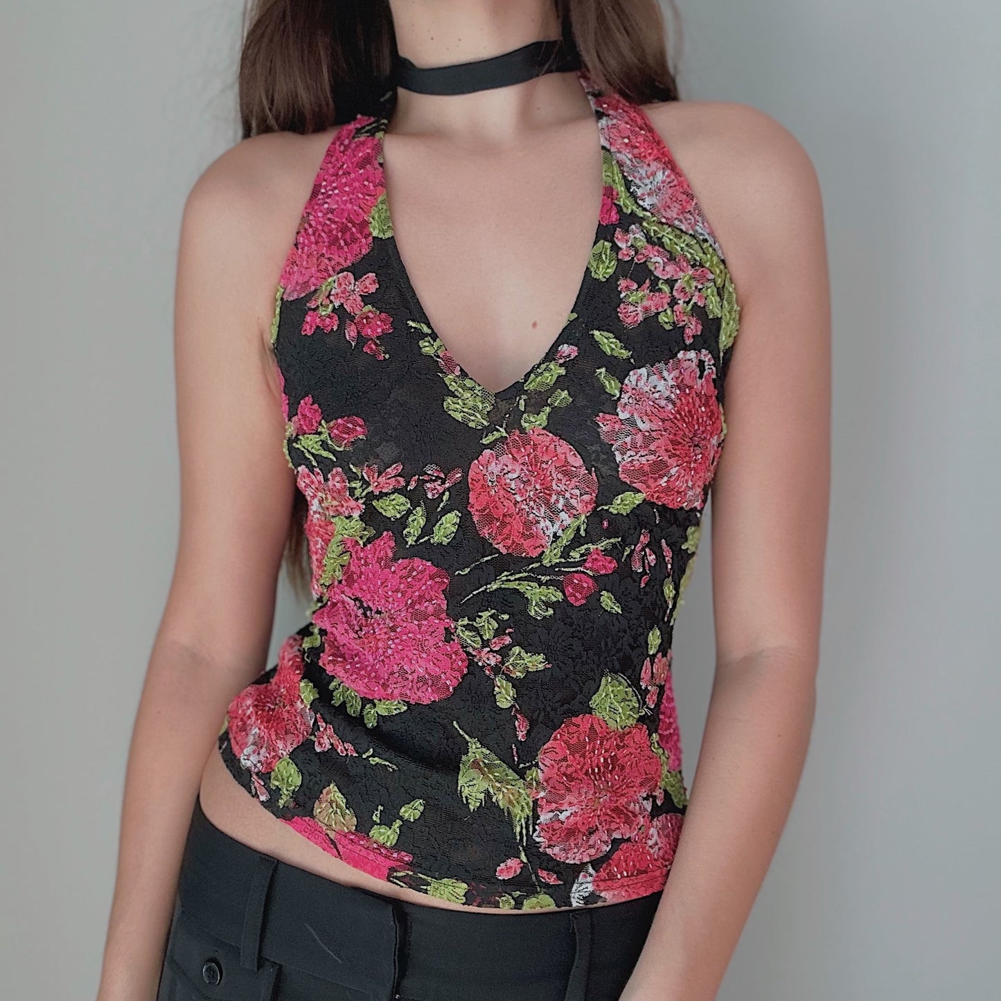 Y2K Cache Black & Pink Lace Halter / SZ M