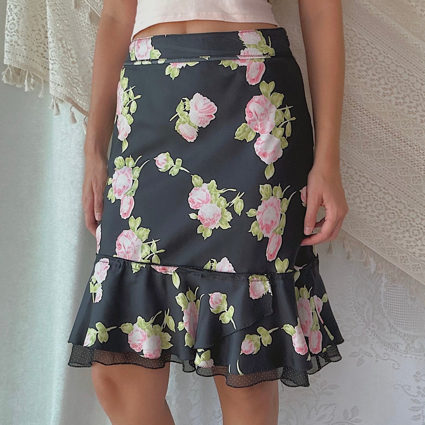 Y2K Black & Pink Rose Silk Midi Skirt / SZ 2
