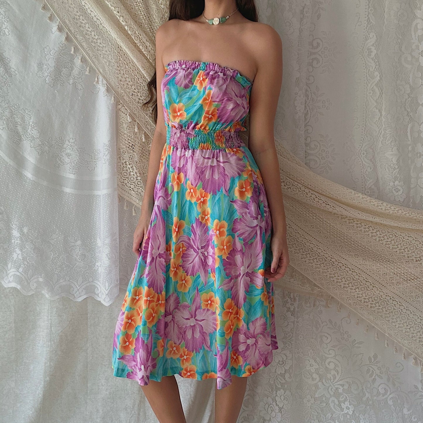 70's Purple Tropical Tube Midi Dress / SZ S