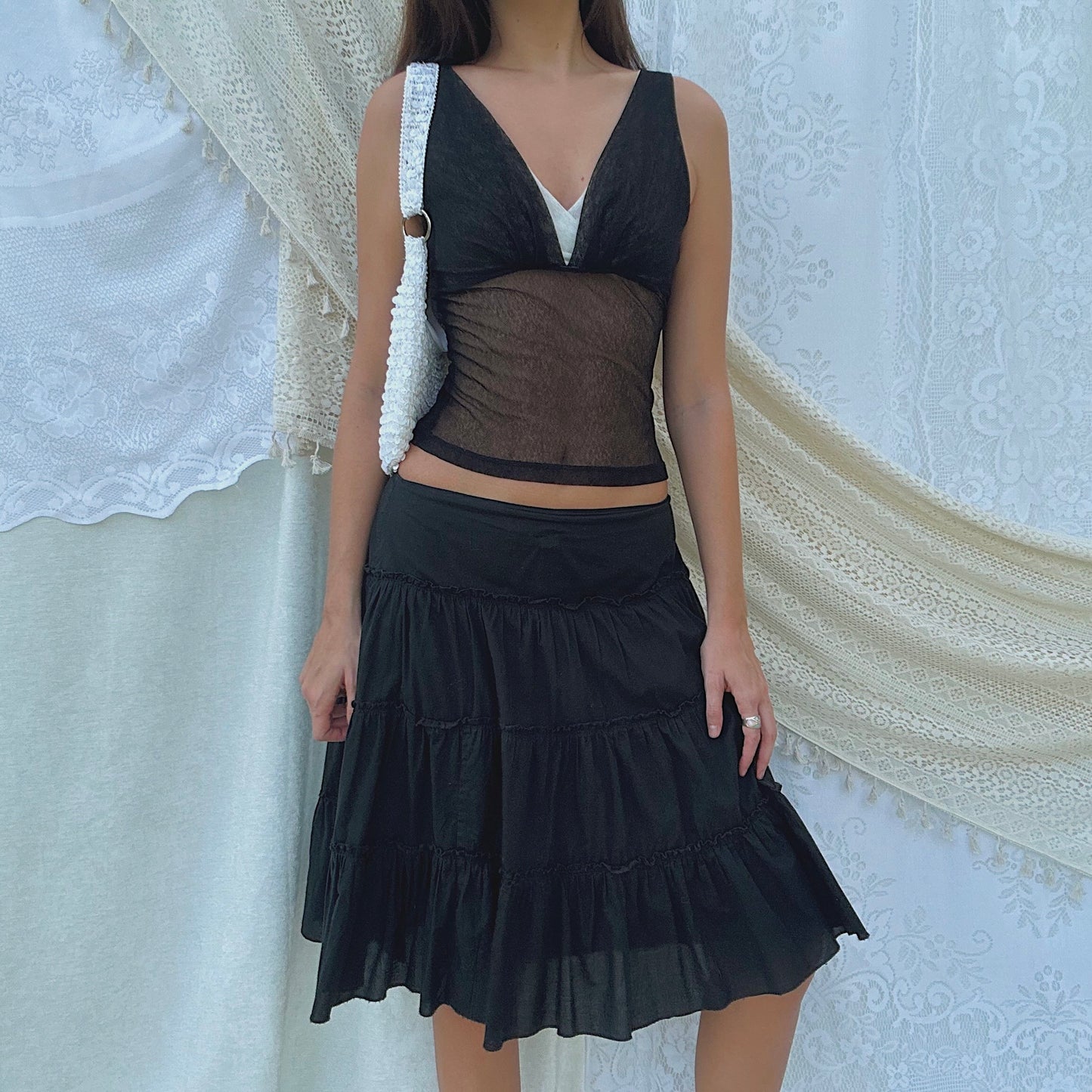 Y2K Black Cotton Tiered Midi Skirt / SZ 4