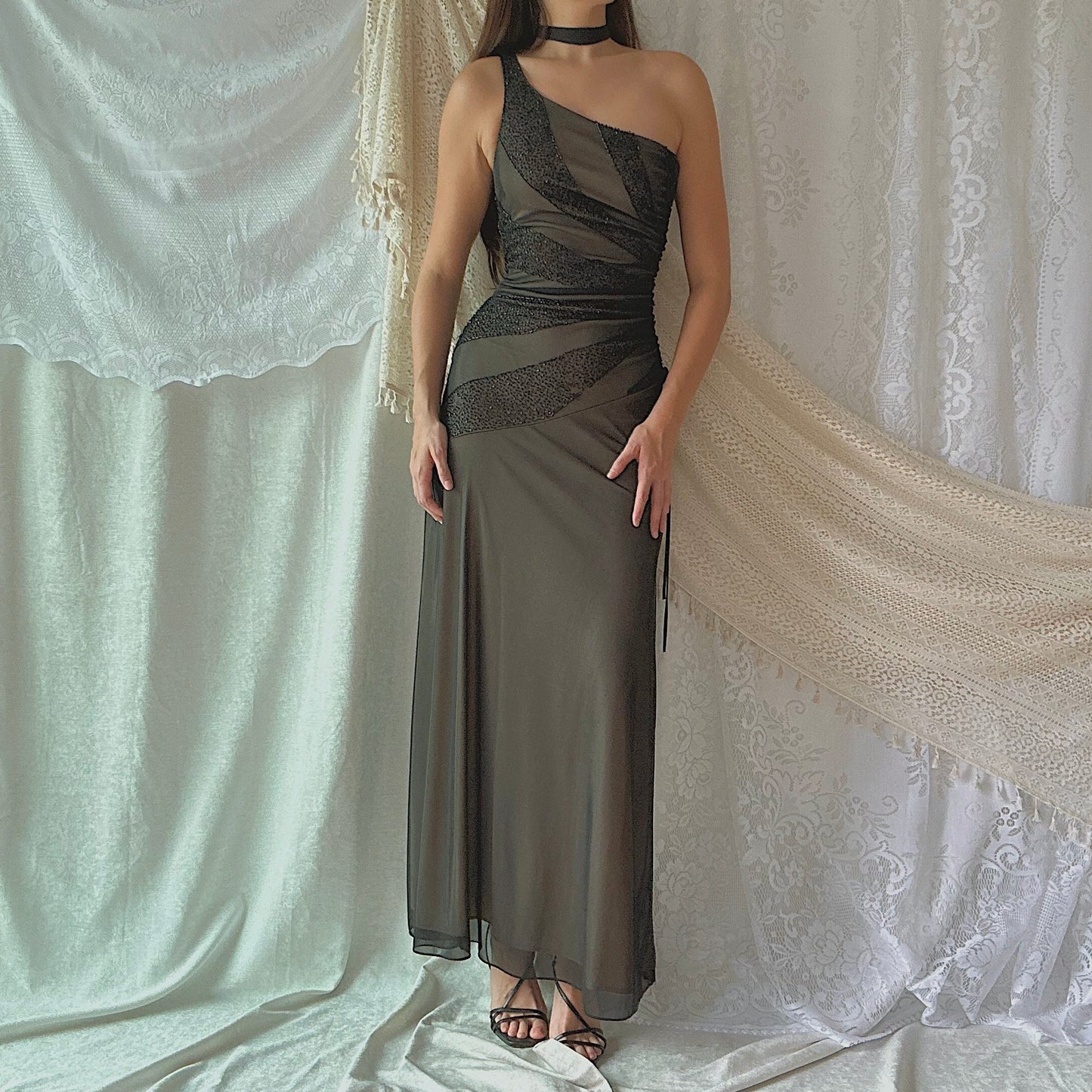 Y2K Black Beaded Mesh One Shoulder Gown / SZ M