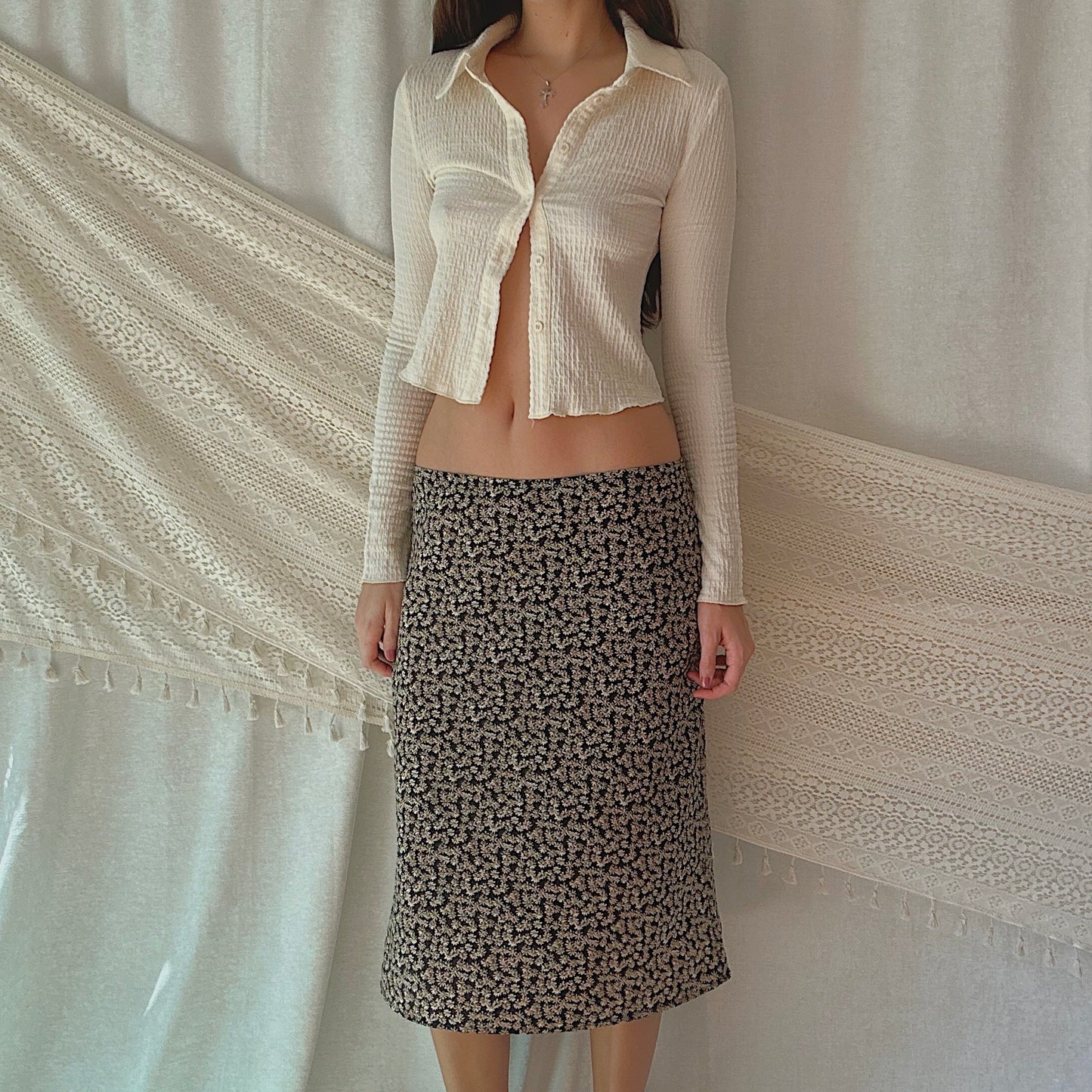 Y2K Black & Tan Floral Midi Skirt / SZ M-L
