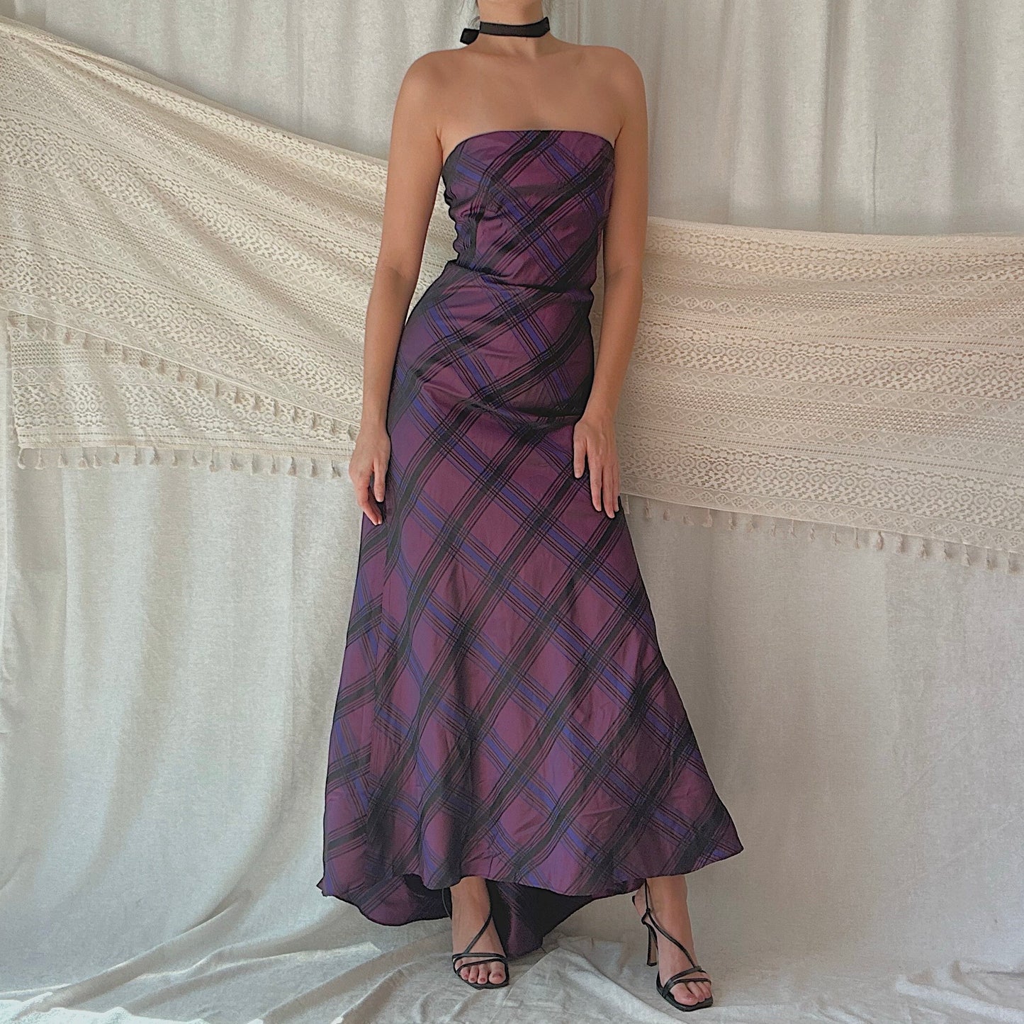90's Purple Taffeta Plaid Gown / SZ 4/6
