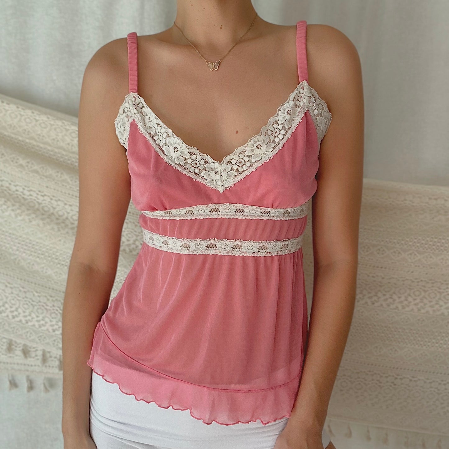Y2K Bubblegum Mesh Lace Tank / SZ M/L