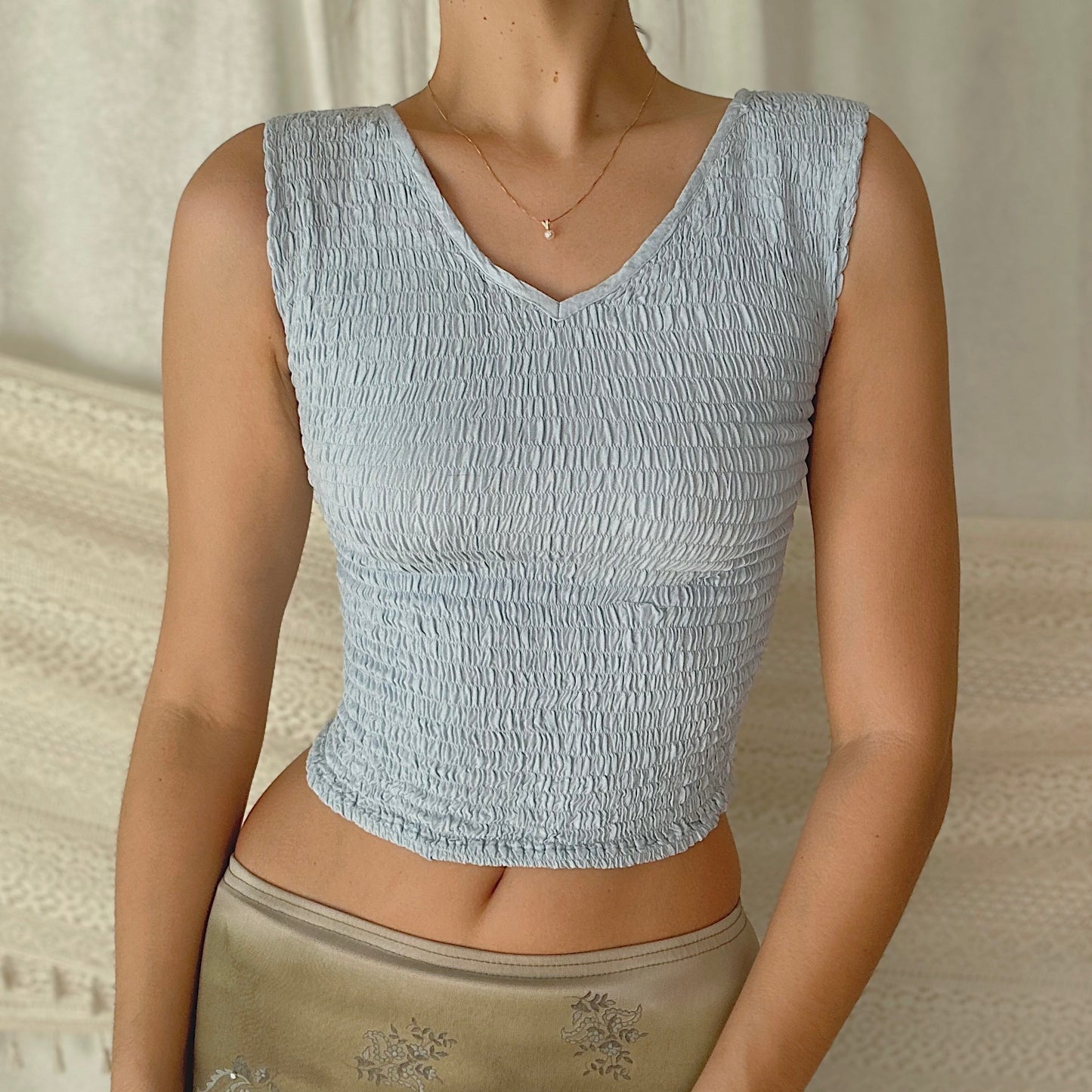Y2K Light Blue Smocked Top / SZ XS-S