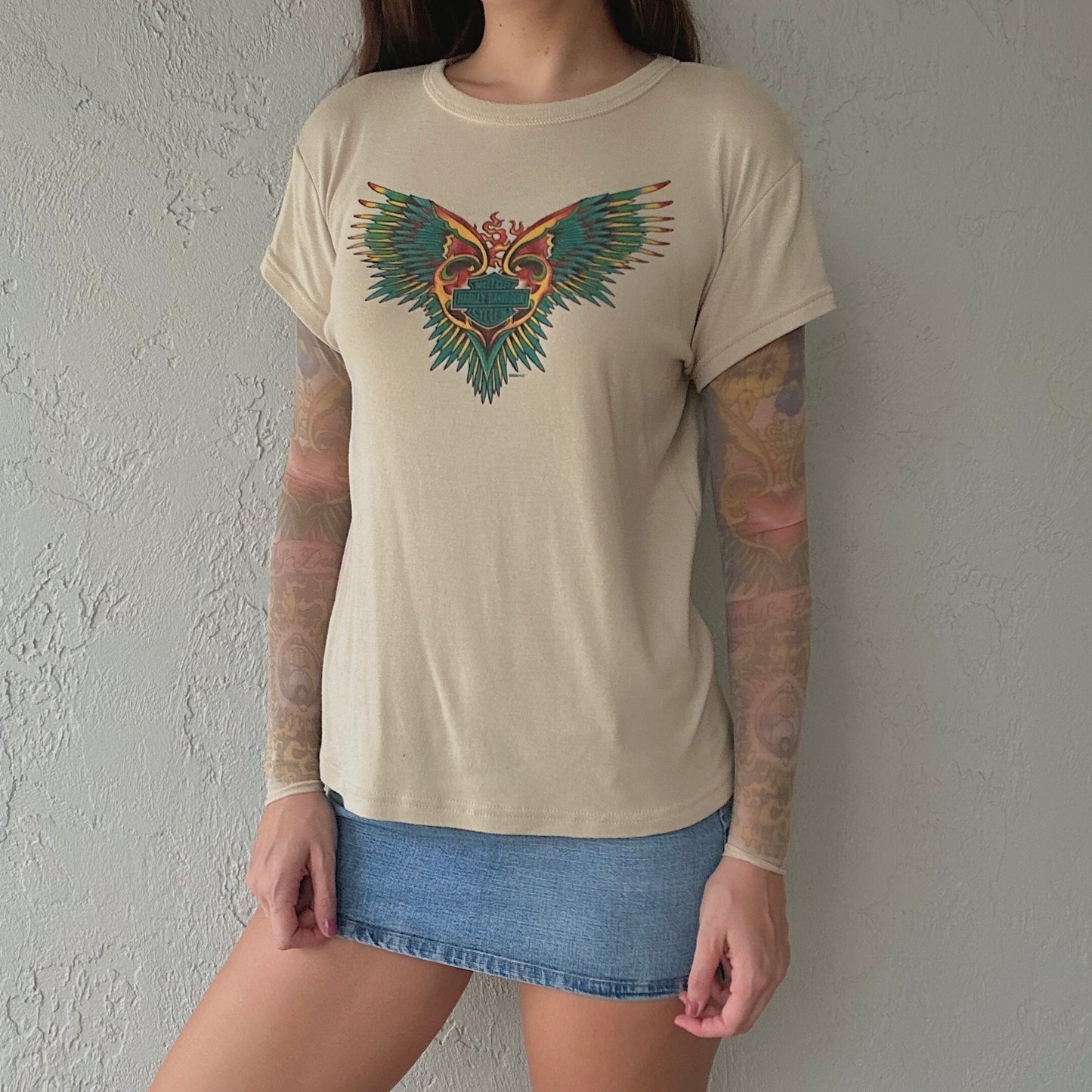 Harley Davidson Tan Printed Tattoo Top / SZ L