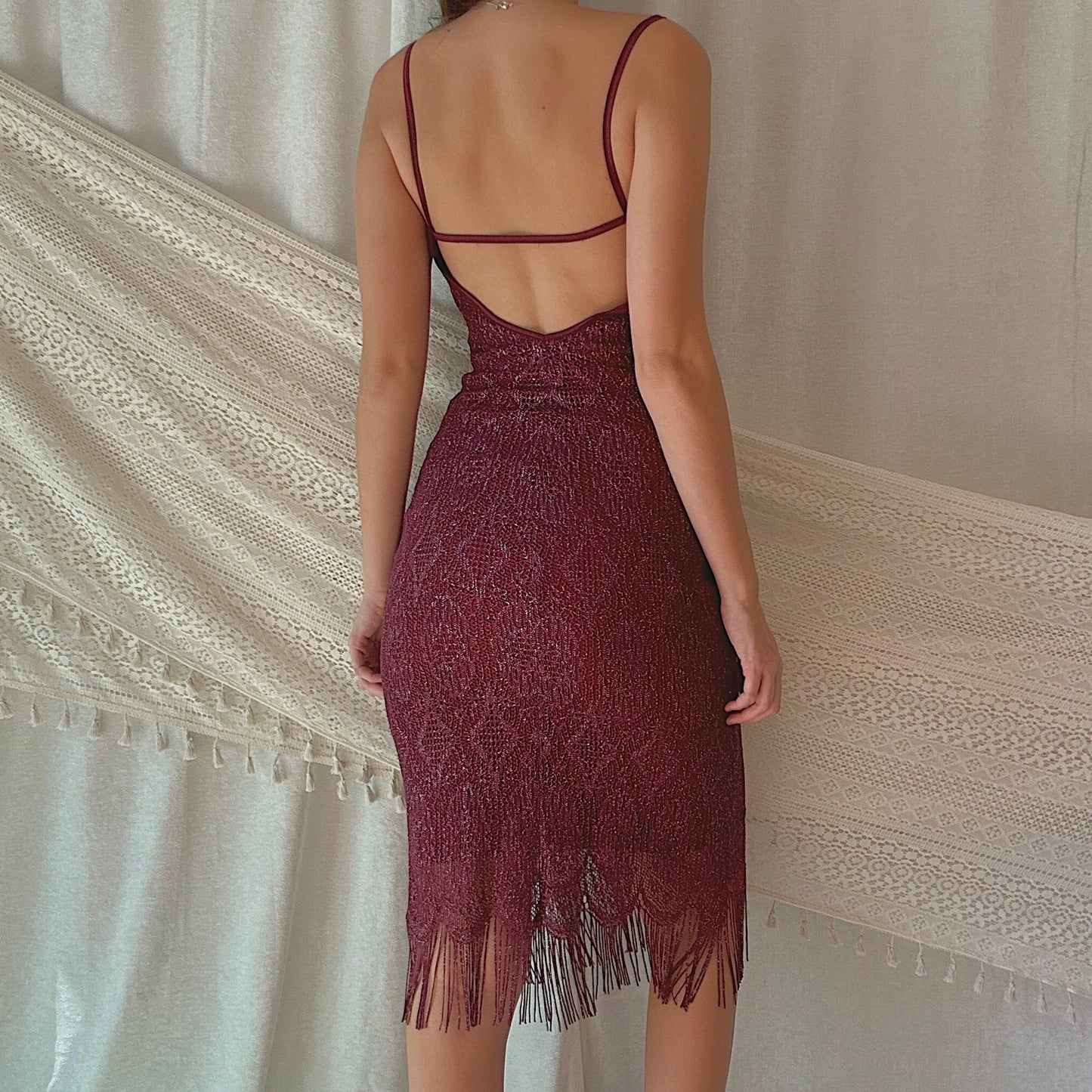 90's Maroon Crochet Fringe Midi Dress / SZ S
