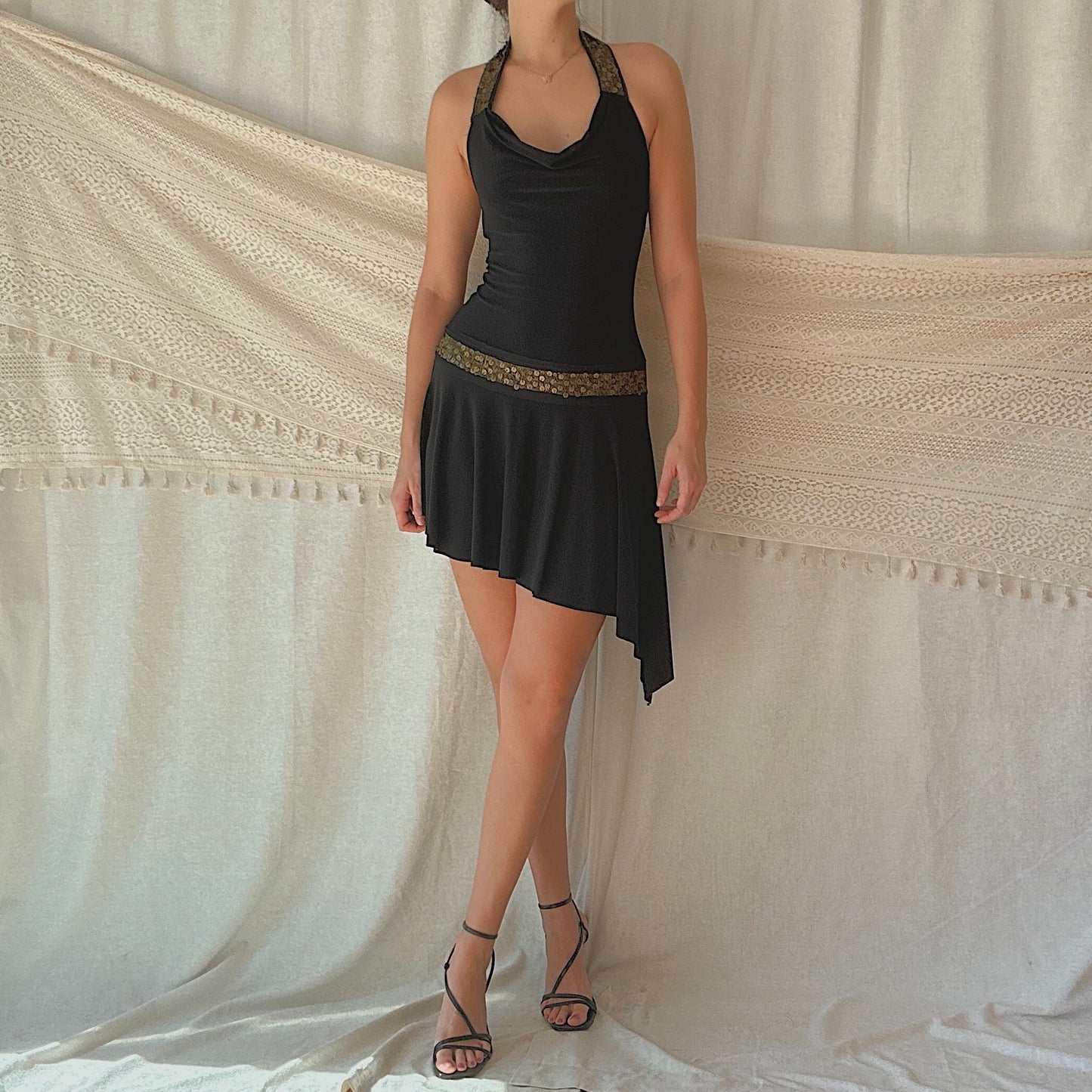 Y2K Black & Bronze Sequin Halter Dress / SZ S