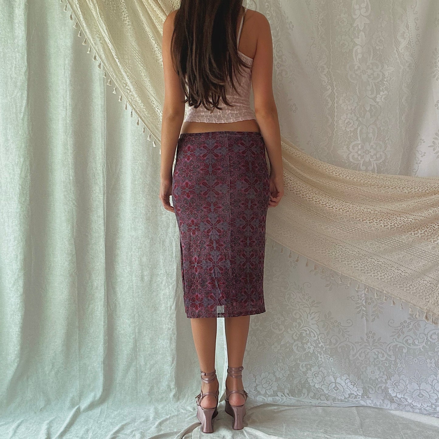 90's Maroon Printed Mesh Midi Skirt / SZ S-M
