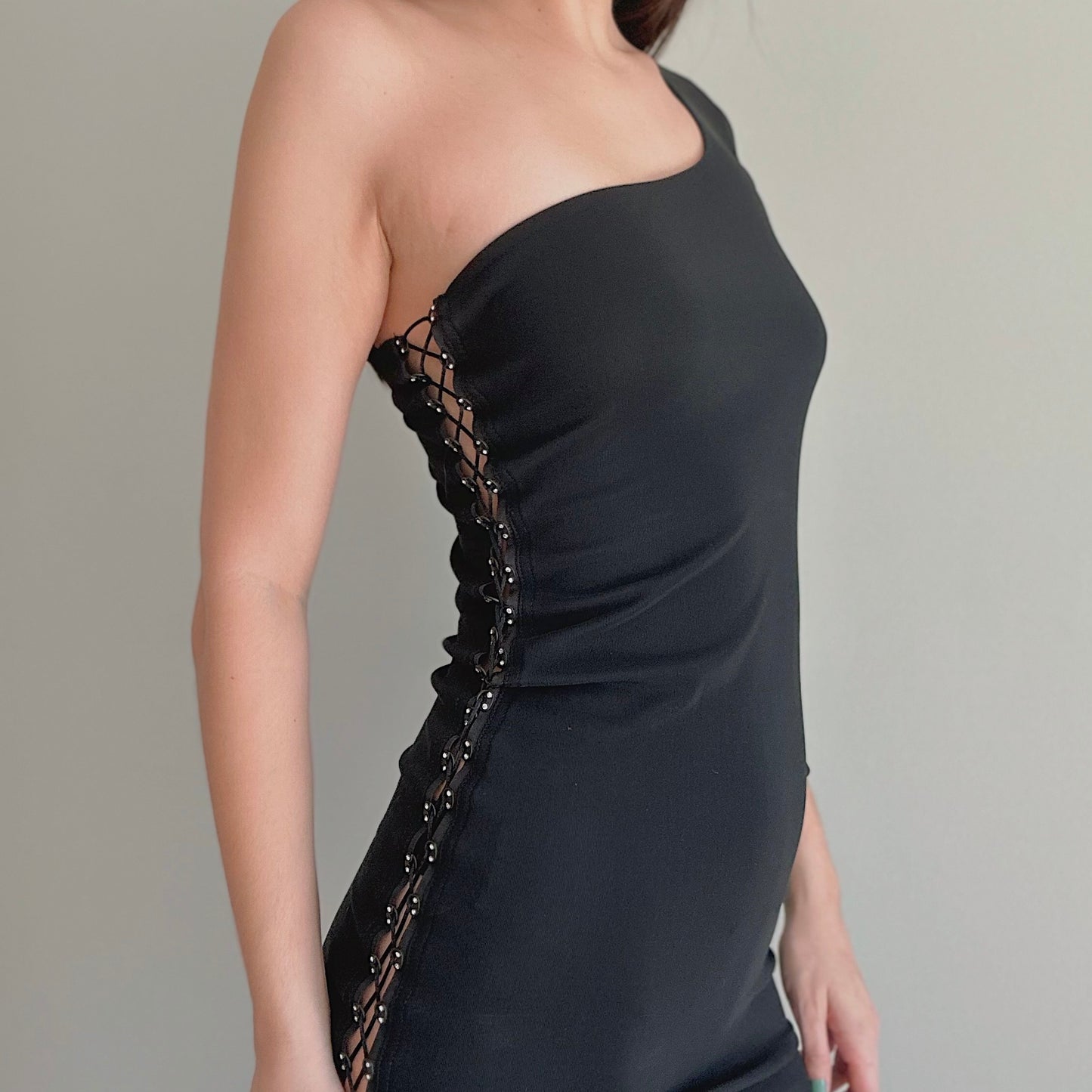 90's Black One Shoulder Lace Up Dress / SZ S/M