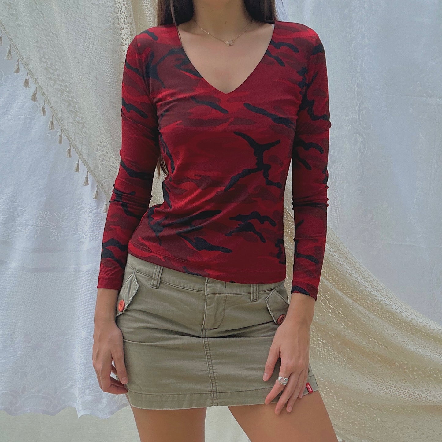 Y2K Red Camo Mesh Top / SZ S-M
