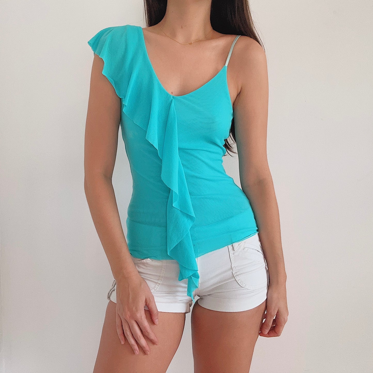 Y2K Aqua Mesh Ruffle Top / SZ S