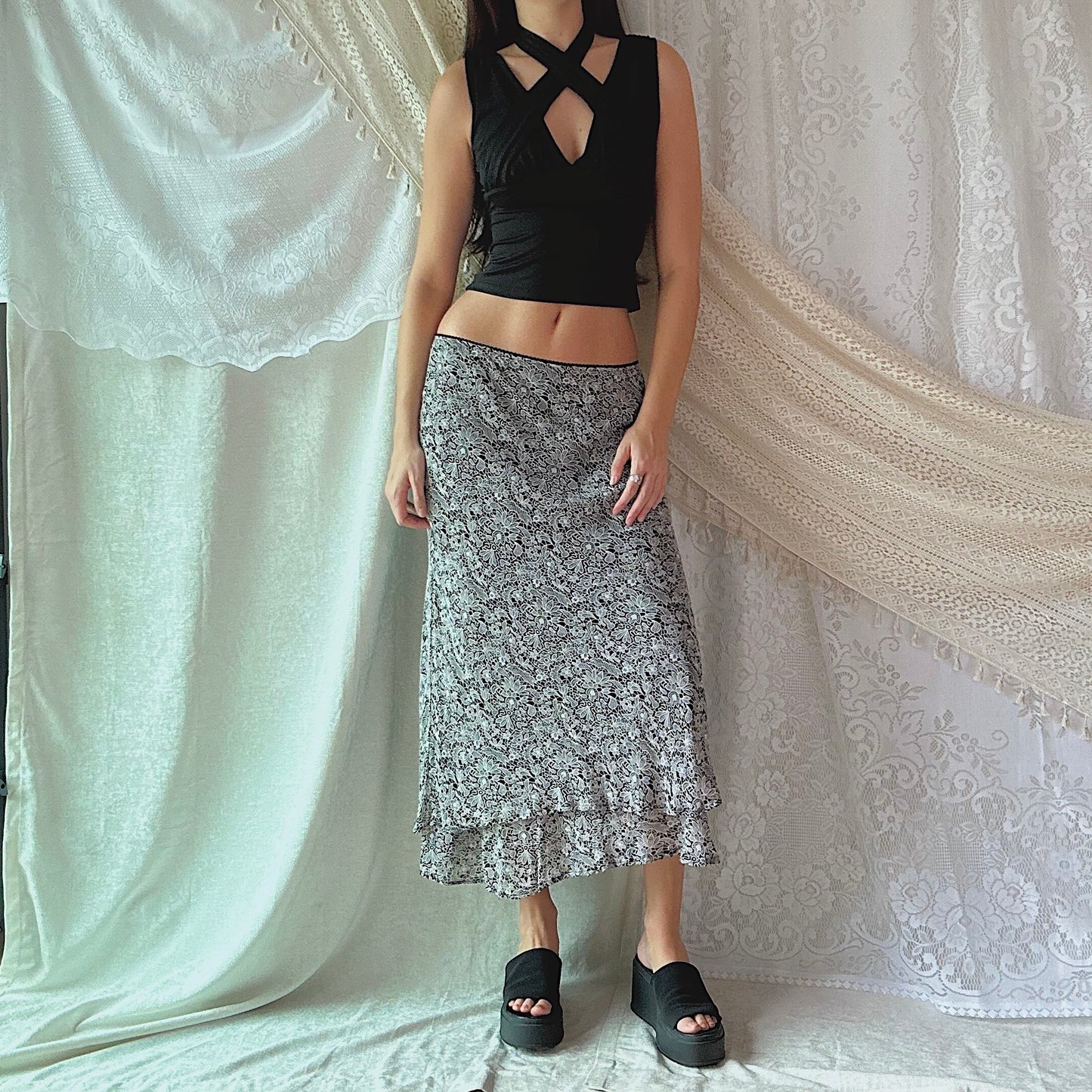 Y2K B&W Printed Rayon Maxi Skirt / SZ M/L