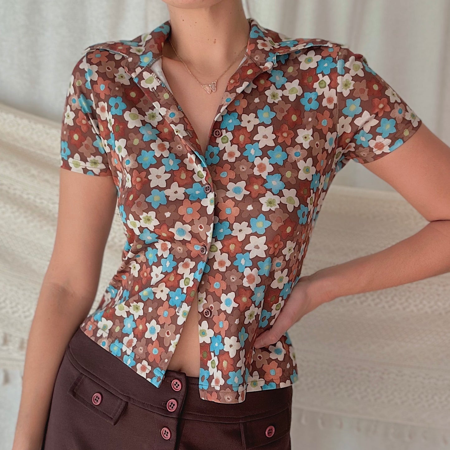 Y2K does 70's Brown Floral Blouse / SZ M