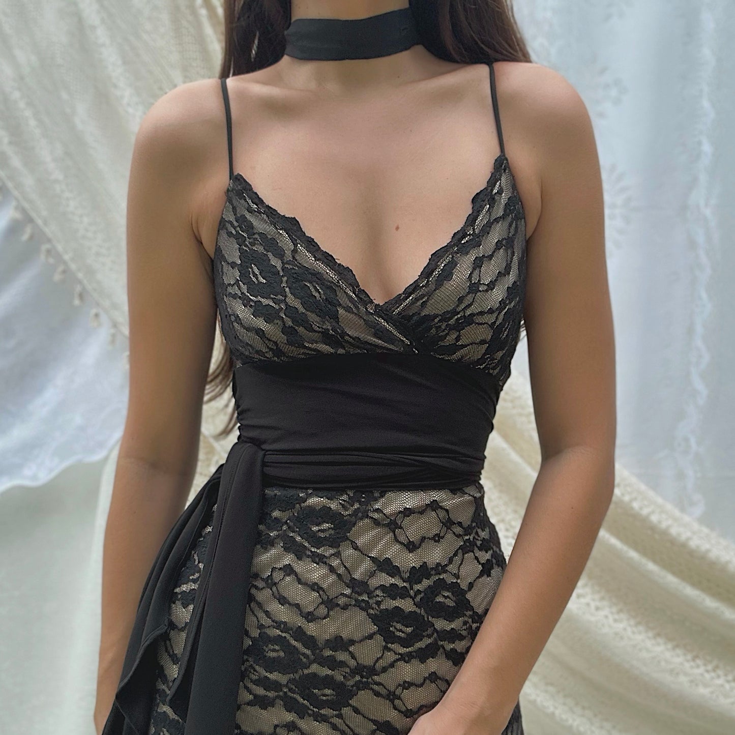 Y2K Black & Nude Lace Midi Dress / SZ S