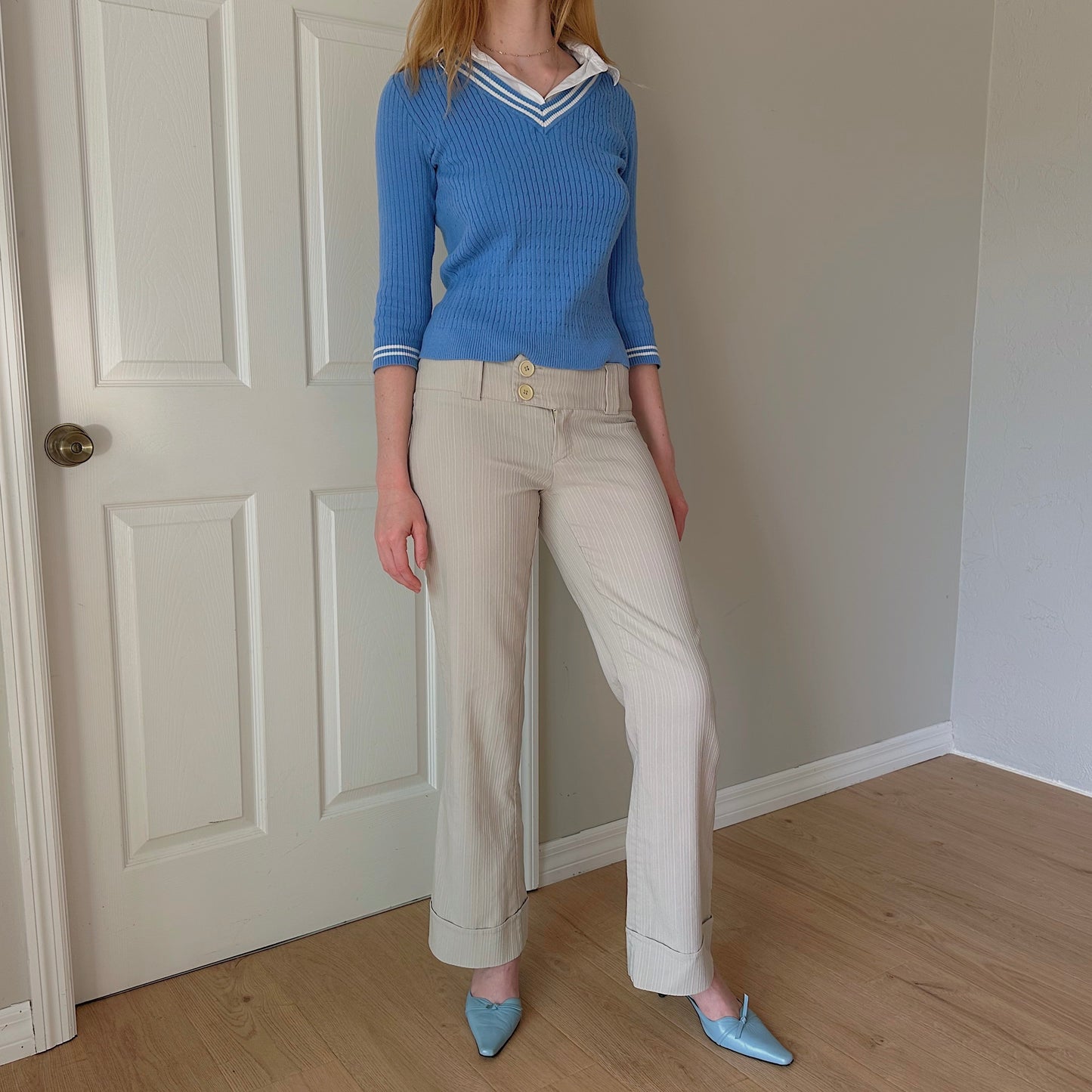 Y2K Beige Pinstripe Low Rise Pants / SZ 6