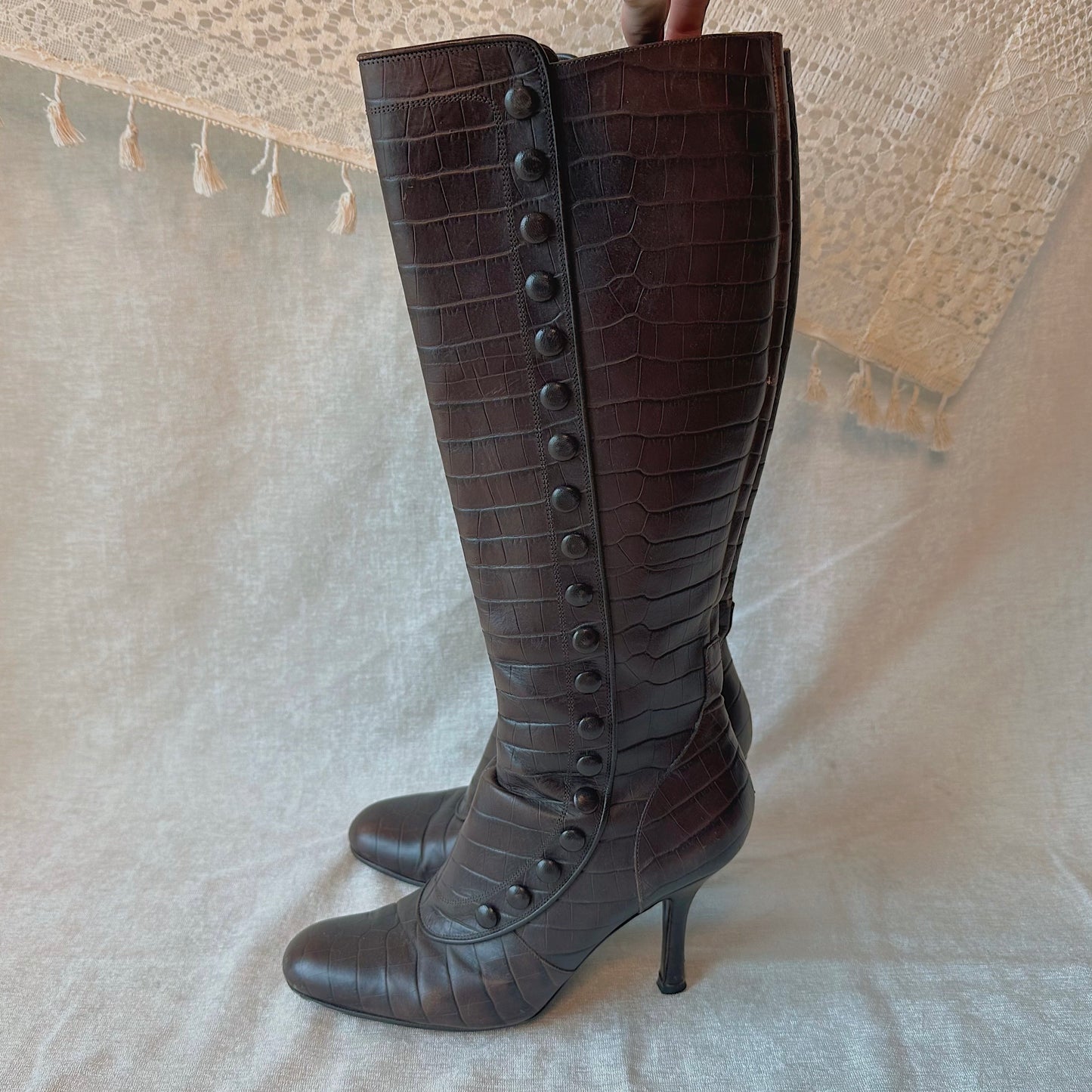Valentino Brown Croc Victorian Style Boots / SZ 8.5