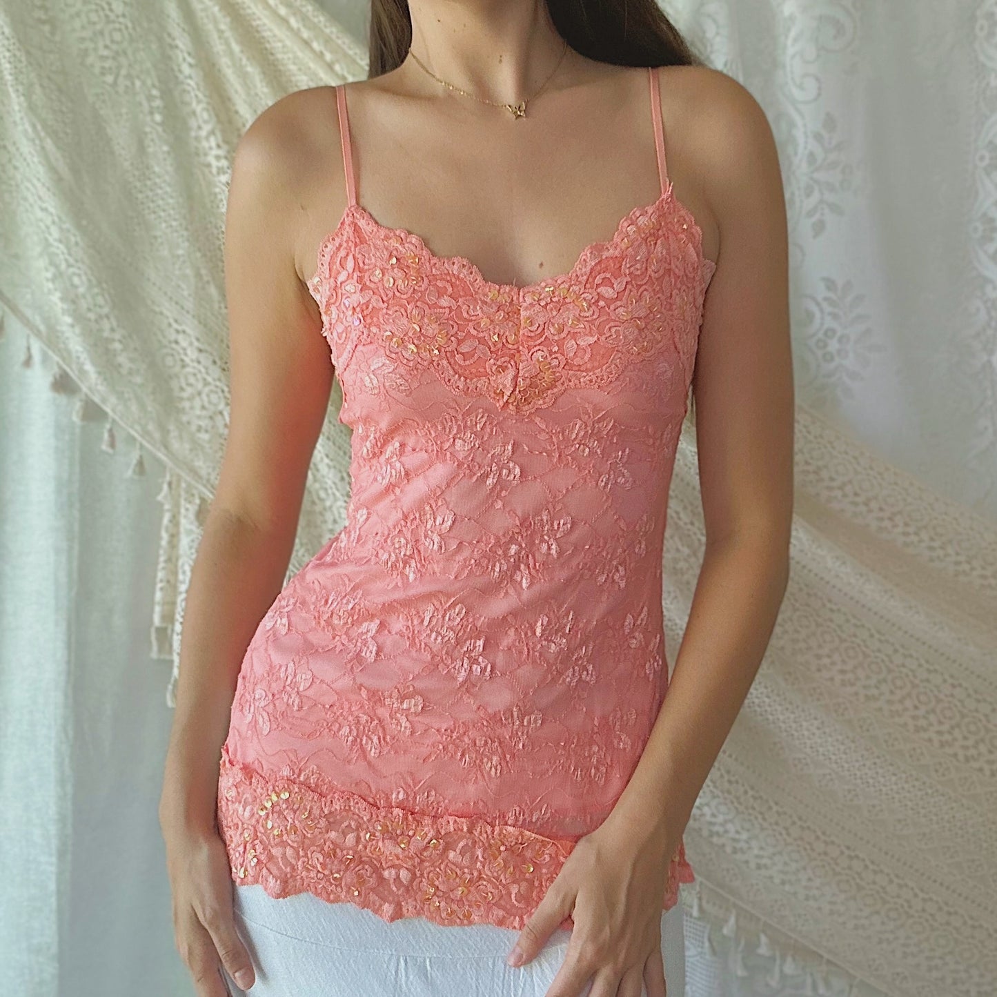 Y2K Bubblegum Pink Lace Sequin Tank / SZ M