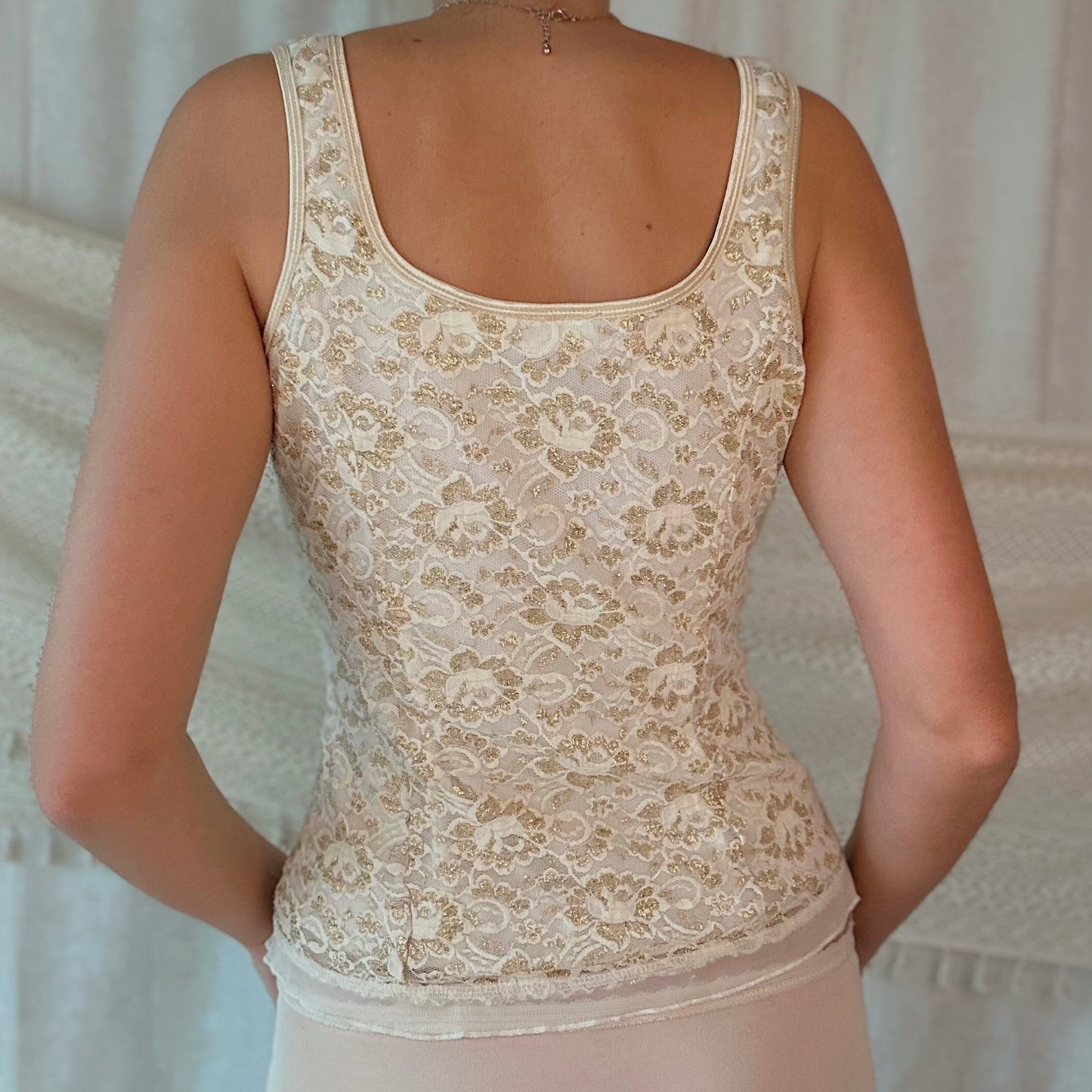 Y2K Ivory & Gold Metallic Lace Top / SZ M
