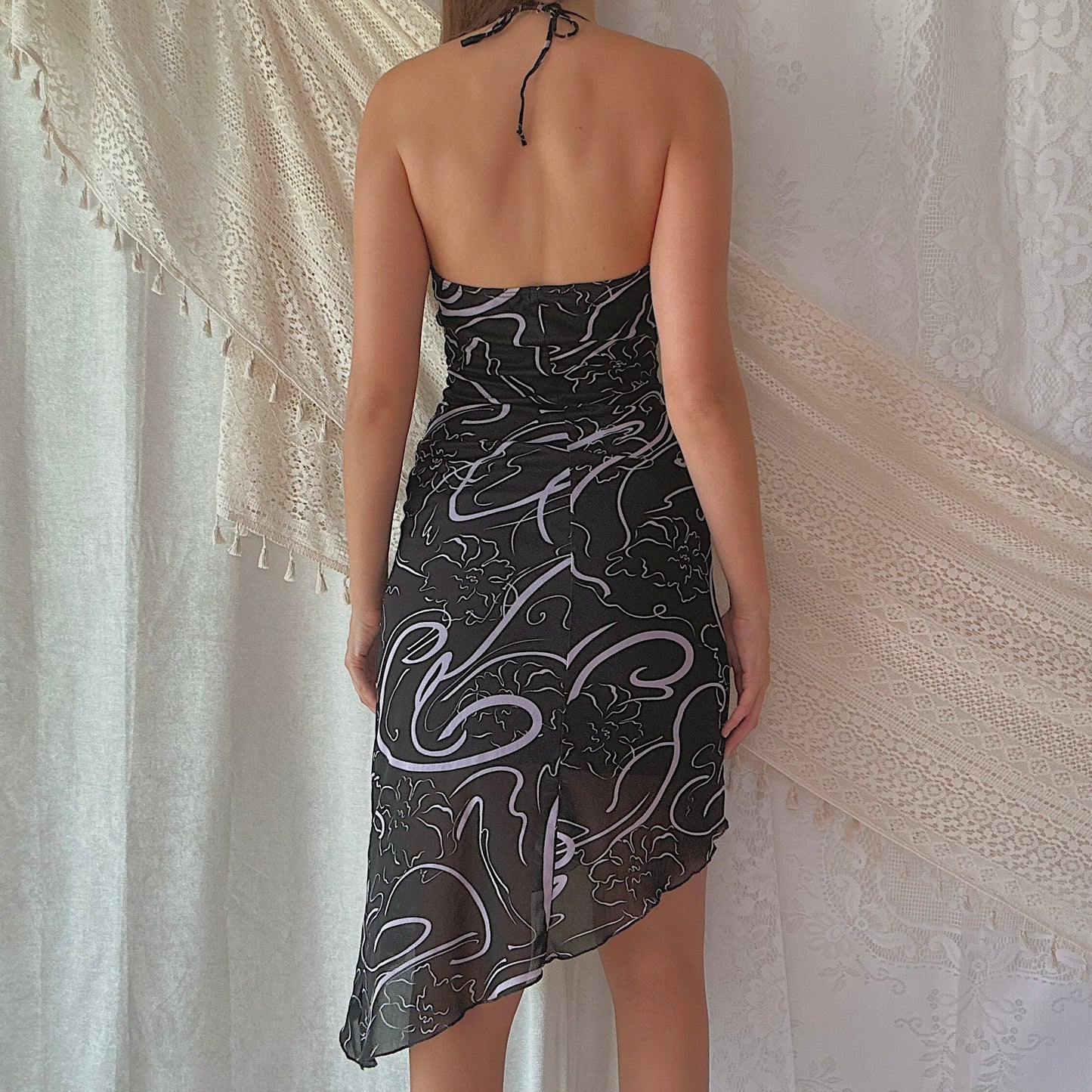 Y2K Black & Lavender Printed Mesh Halter Dress / SZ S