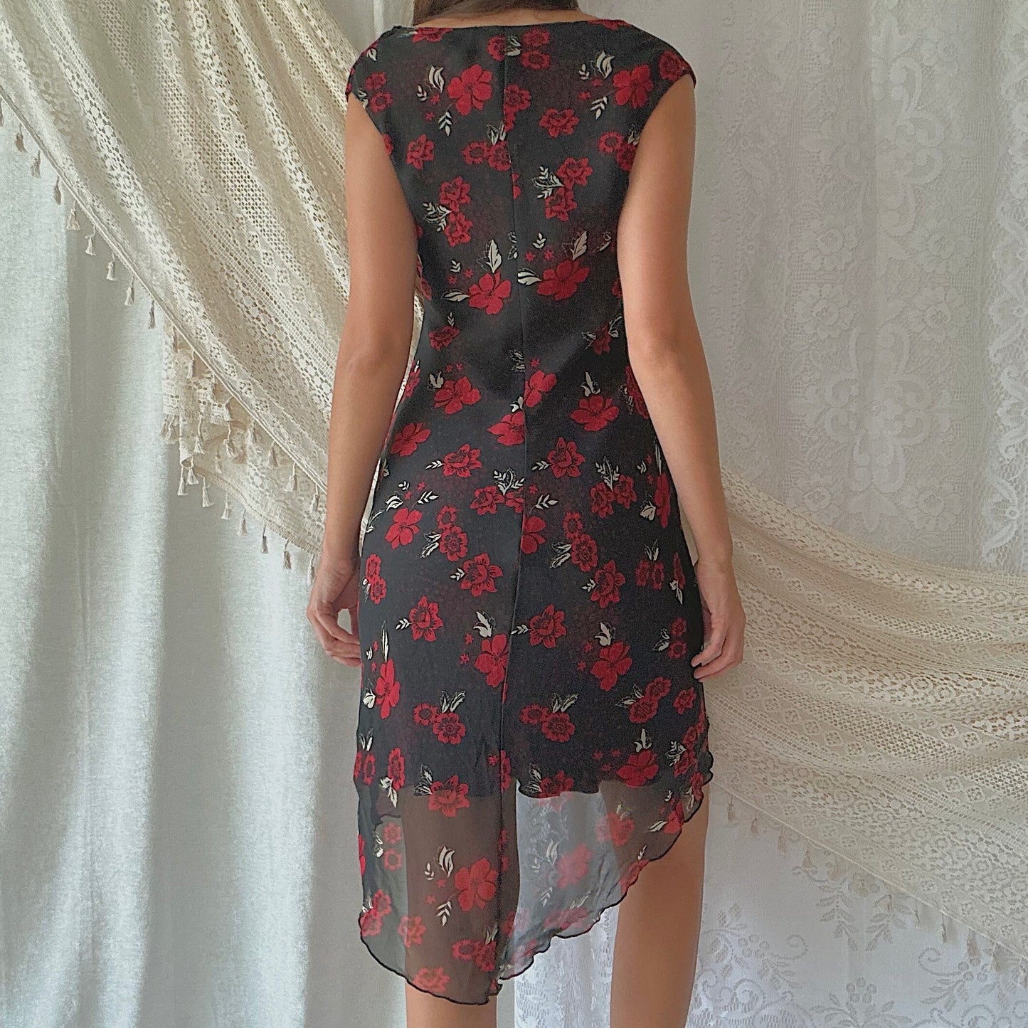 Y2K Black & Red Floral Chiffon Dress / SZ M