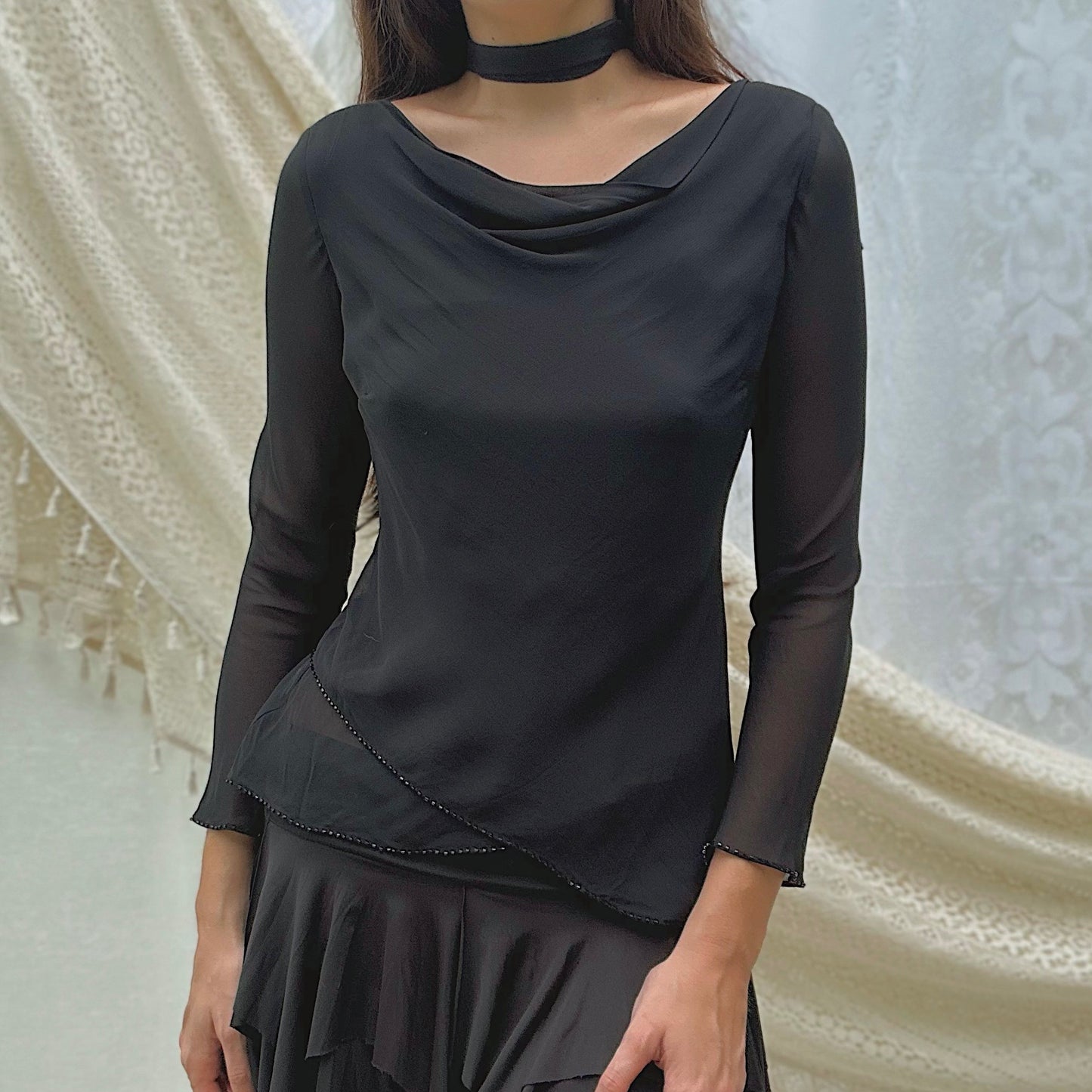 90's Black Silky Beaded Top / SZ S