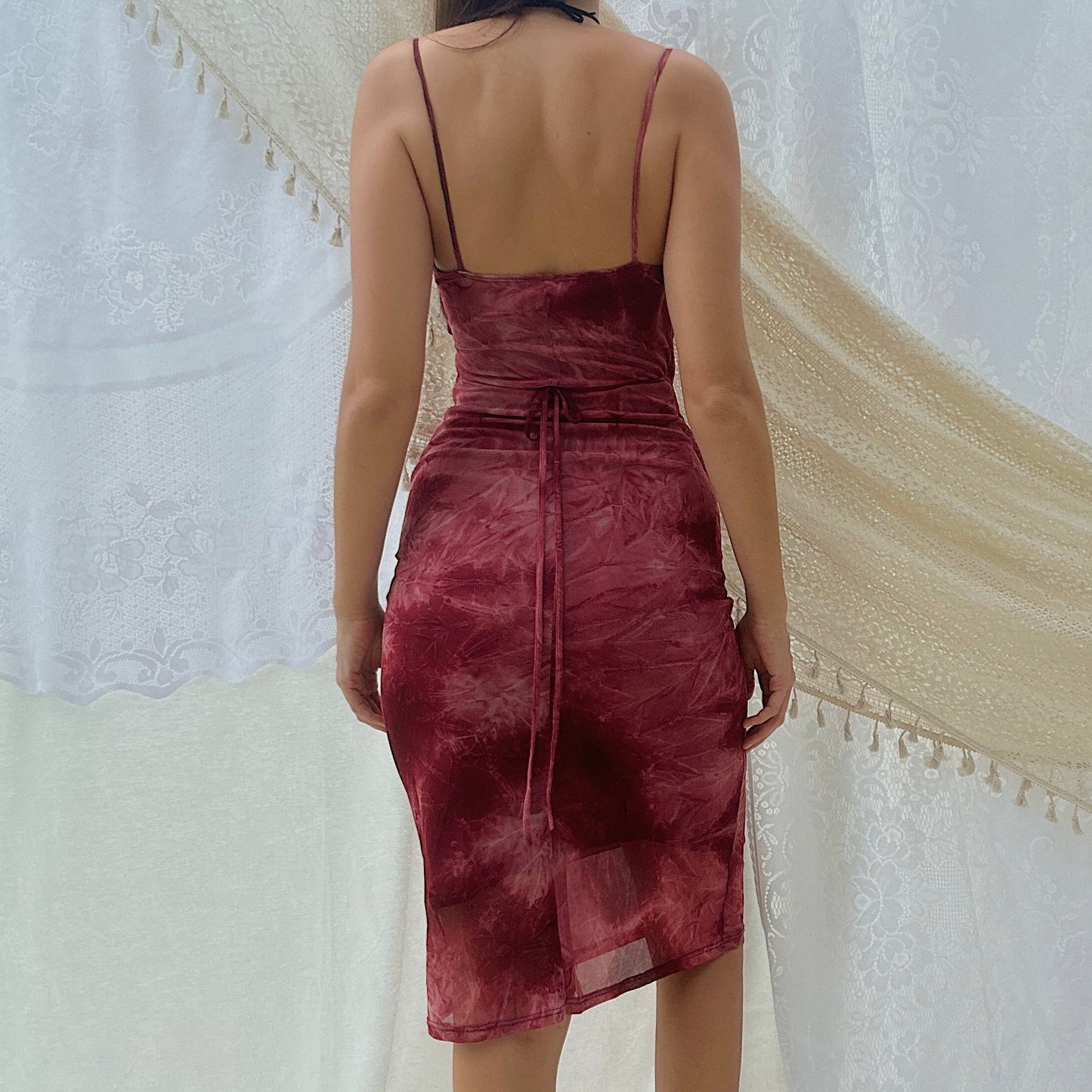 Y2K Maroon Mesh Tie Dye Midi Dress / SZ S/M