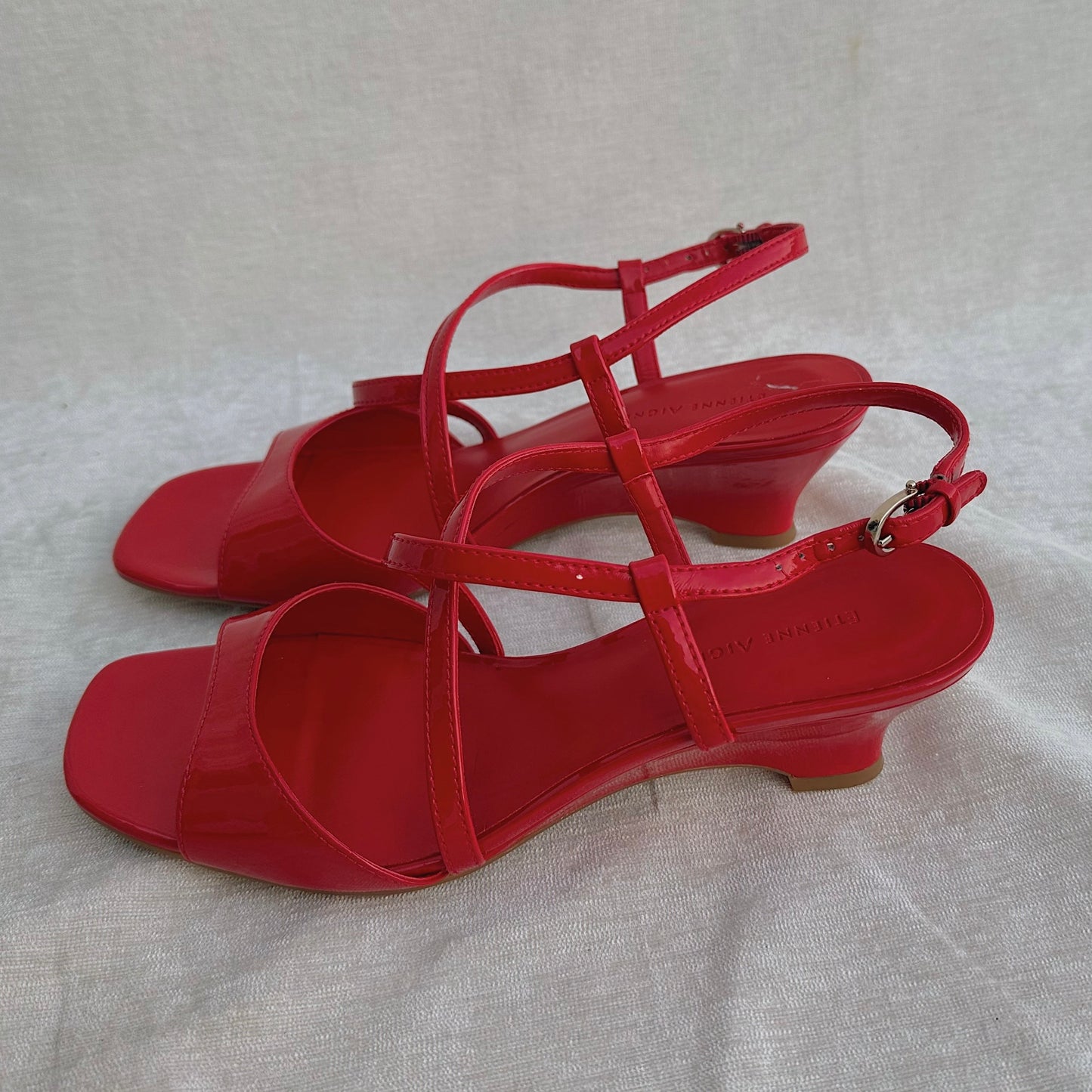 Y2K Red Patent Leather Wedge Sandals / SZ 7.5