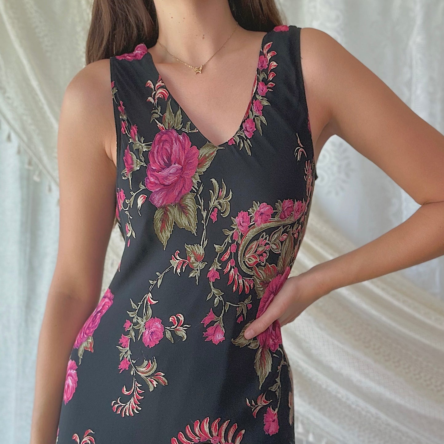 90's Black & Magenta Floral Rayon Dress / SZ M