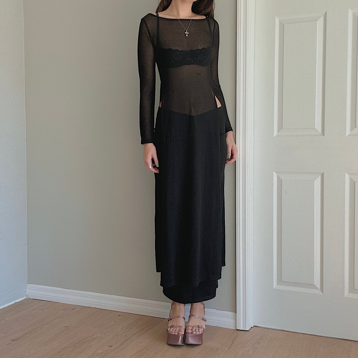 90's Black Knit Sheer Slit Dress / SZ S/M