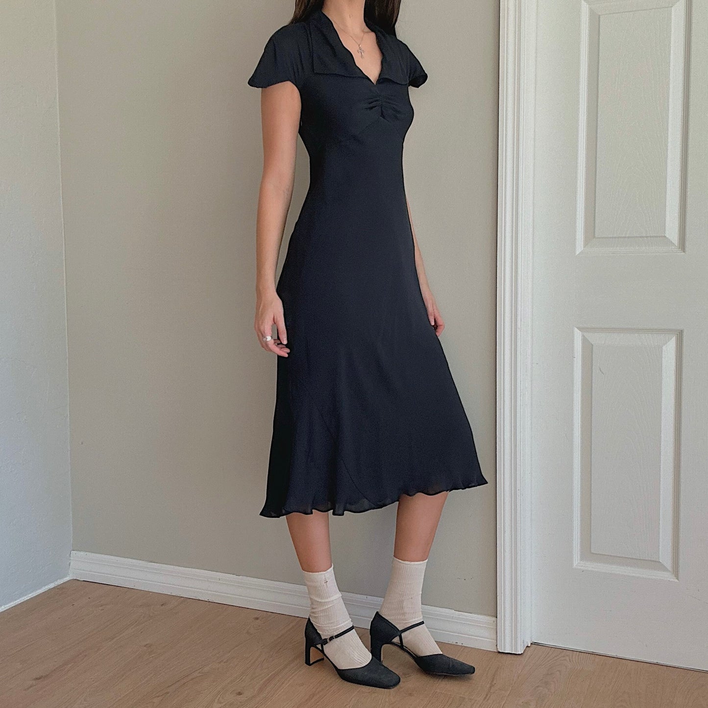 Y2K Navy Silk Collared Midi Dress / SZ 2