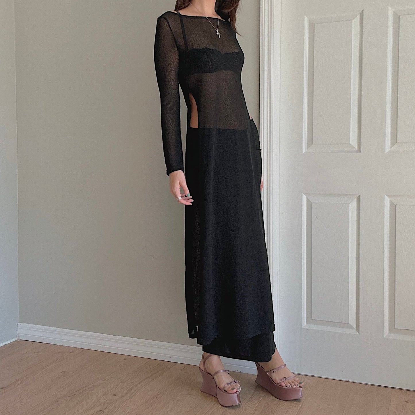 90's Black Knit Sheer Slit Dress / SZ S/M