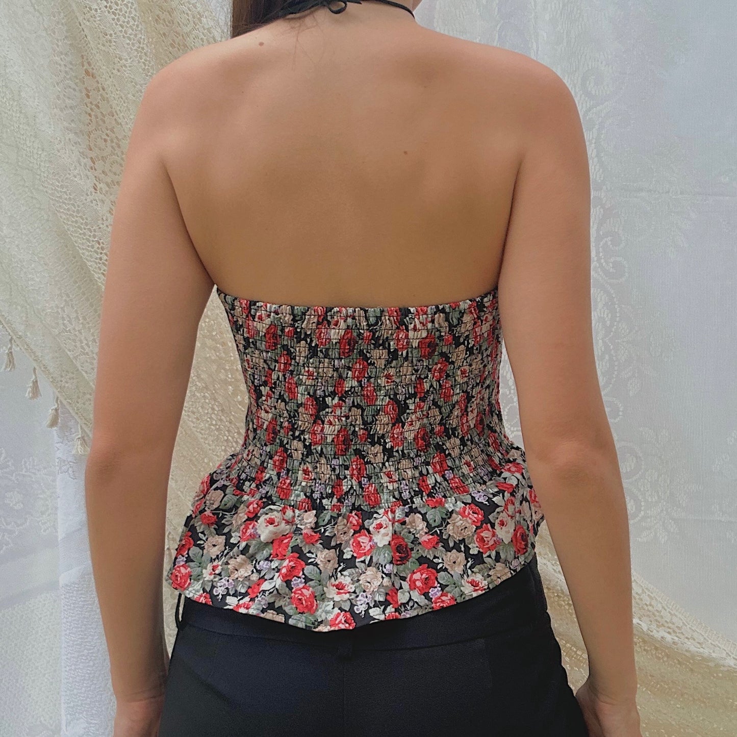 Y2K Black & Red Floral Peplum Bustier / SZ S