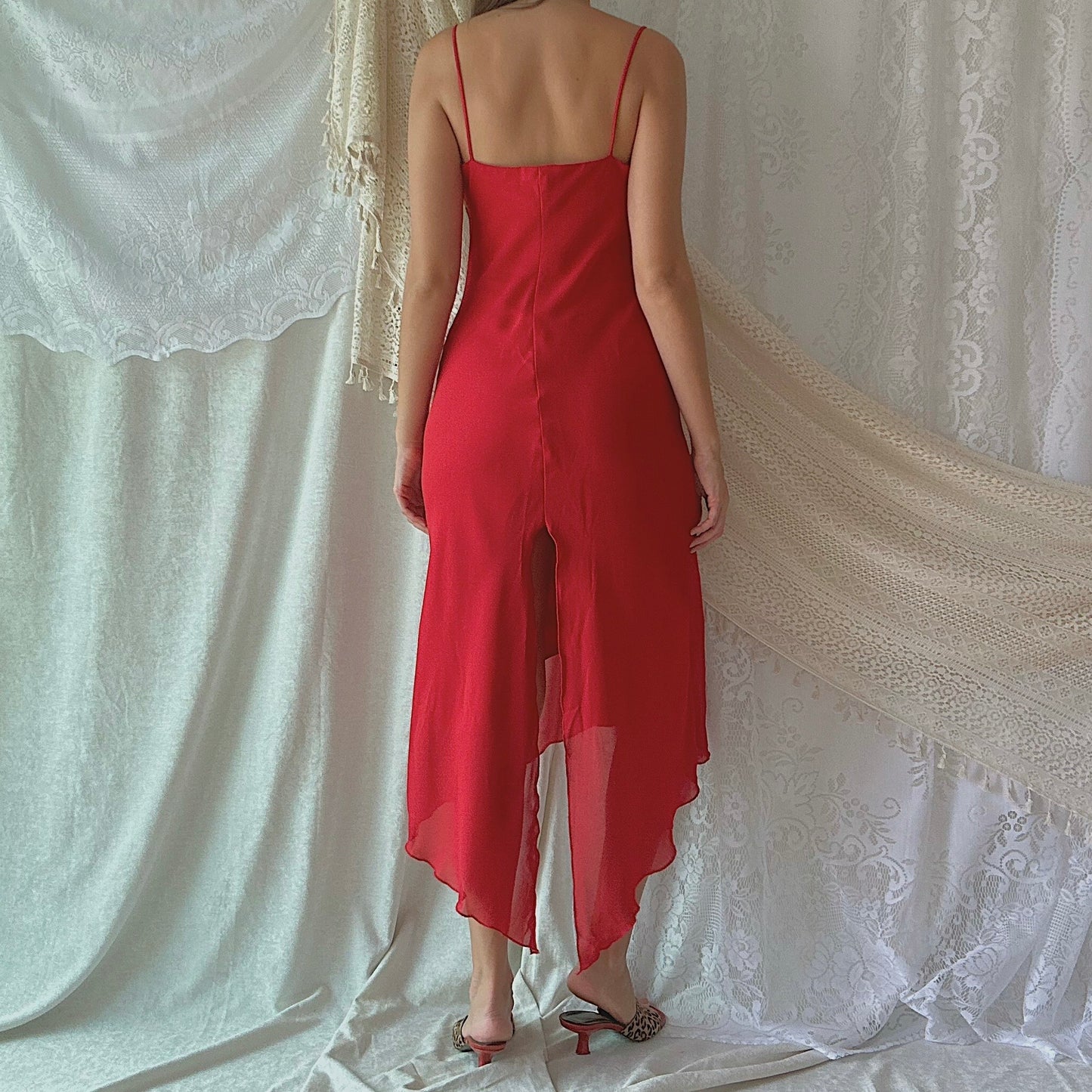 90's Red Chiffon Draped Dress / SZ M