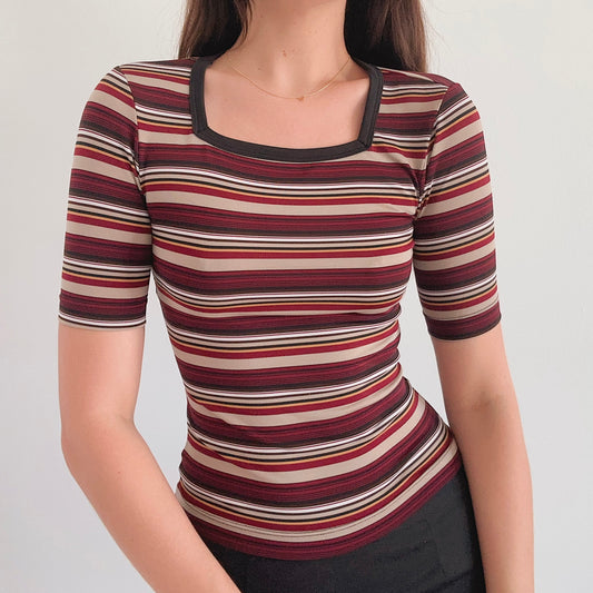 90's Maroon & Taupe Striped Top / SZ S