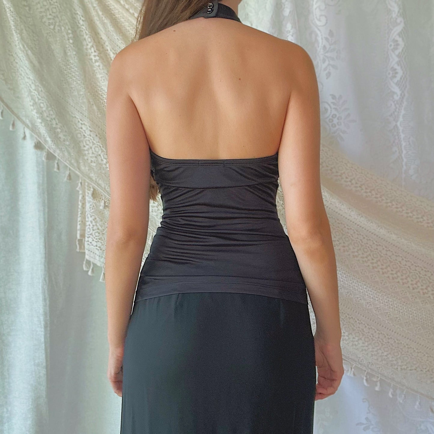 Y2K Black Ruched Beaded Halter Top / SZ S